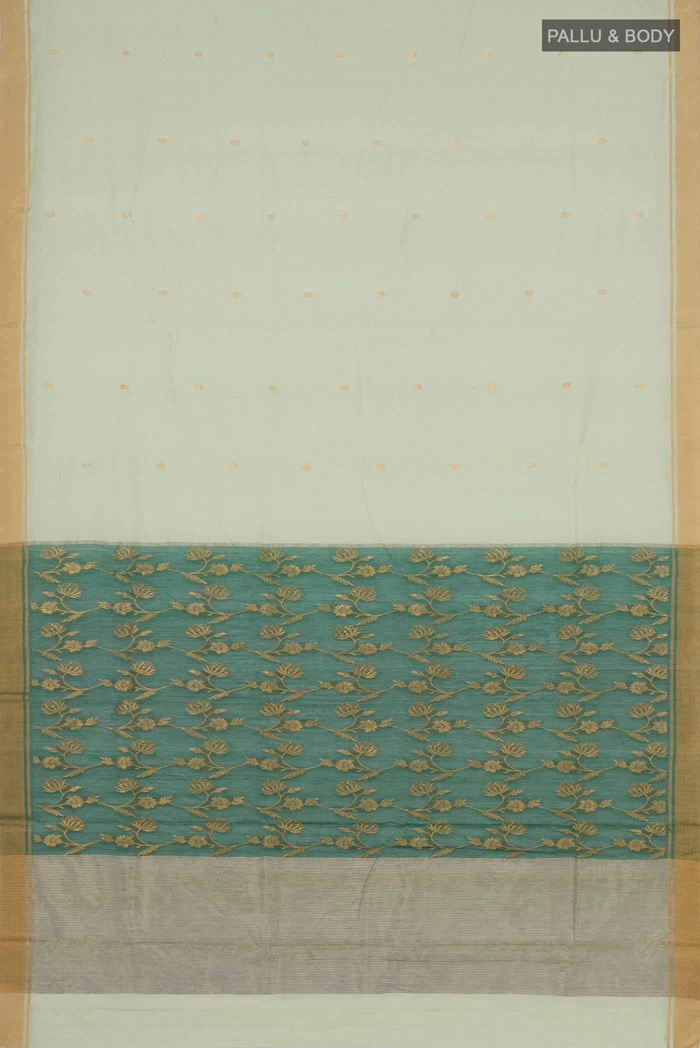 Flat view of Pista Green Chanderi Silk Cotton Saree with Zari Butta on the body and Zari Border. 