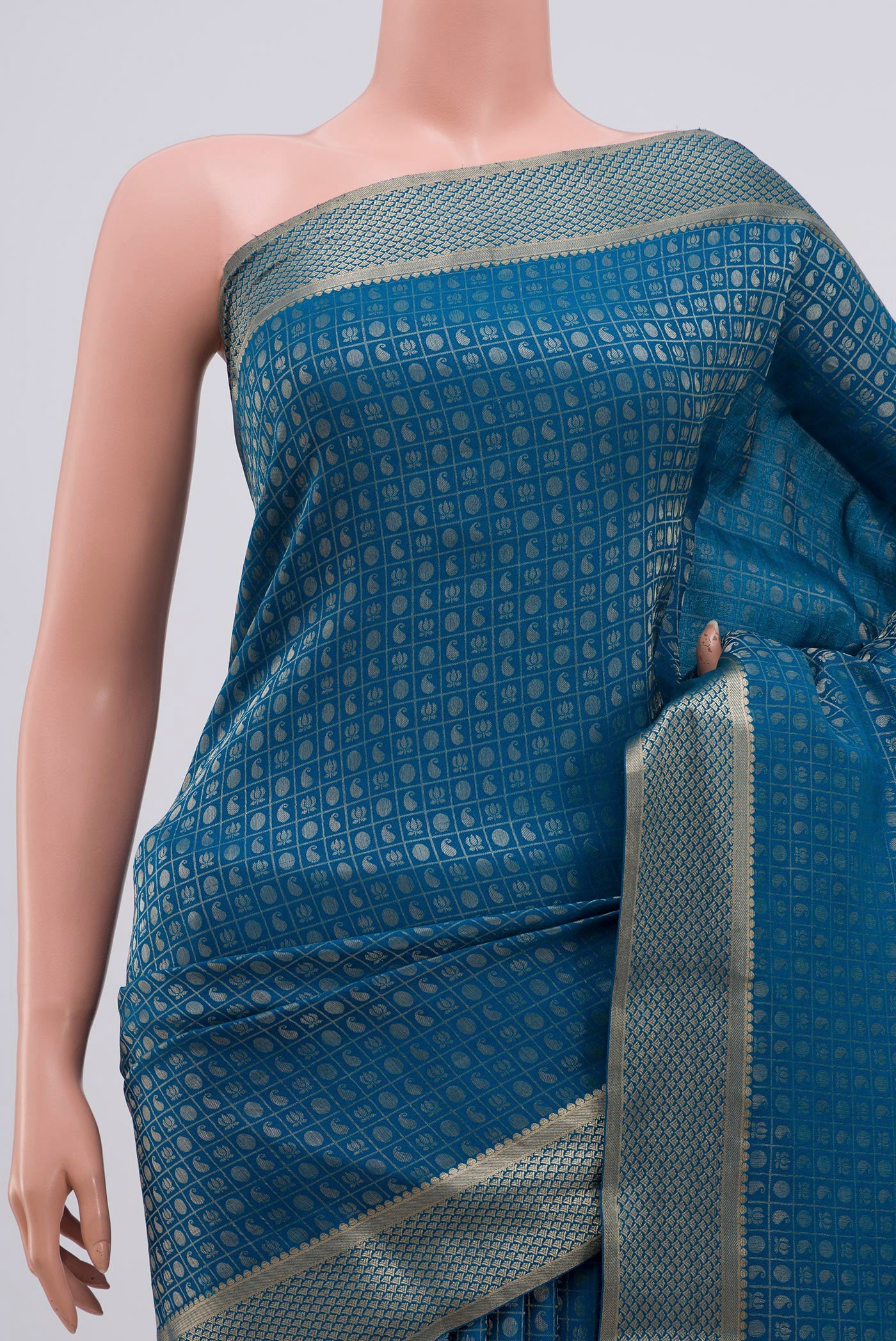 Border image of Blue Grey Mysore Crepe Saree with Zari Butta on the body and Zari Border. 