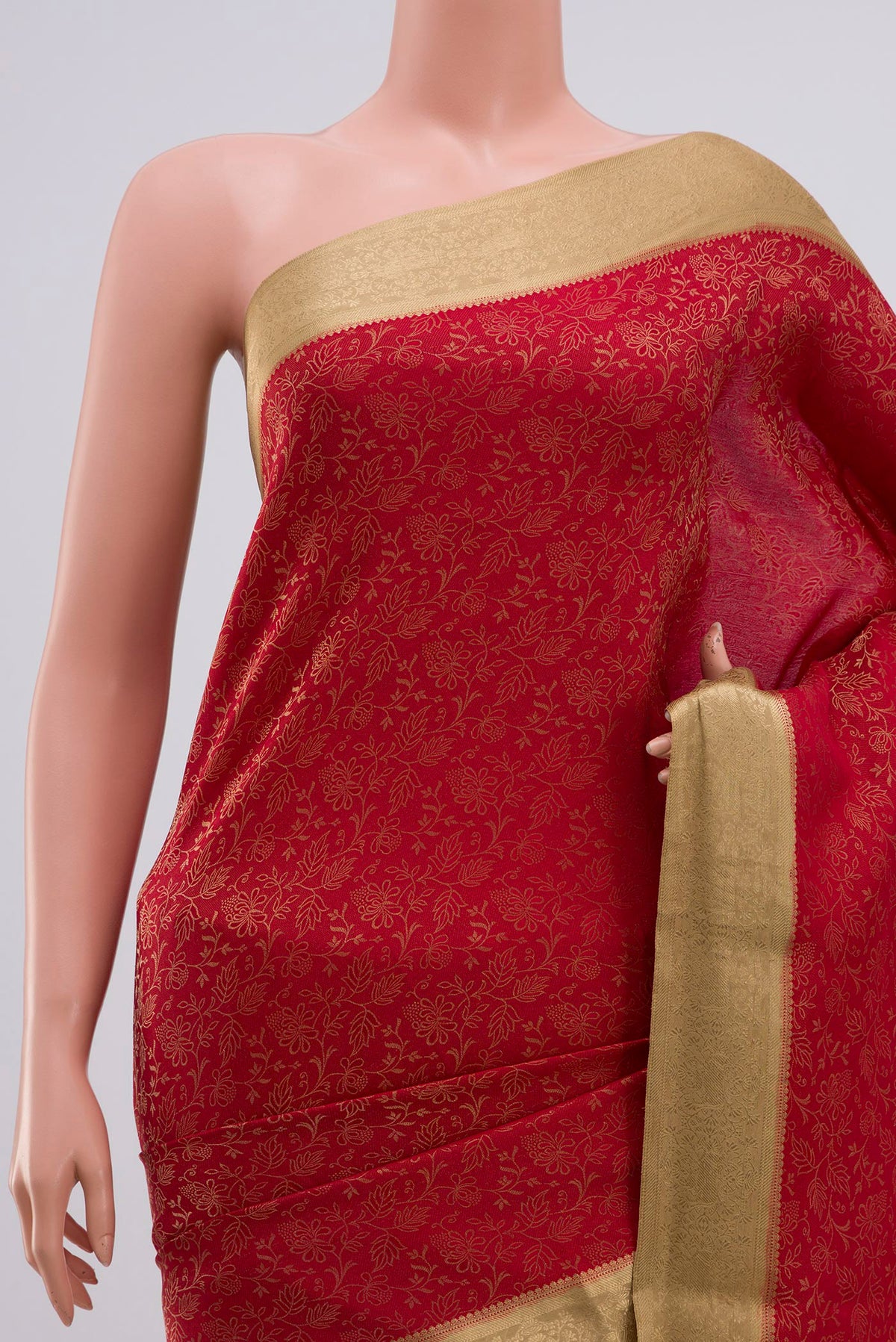 Border image of Red Mysore Crepe Saree with Zari Brocade on the body and Zari Border. 
