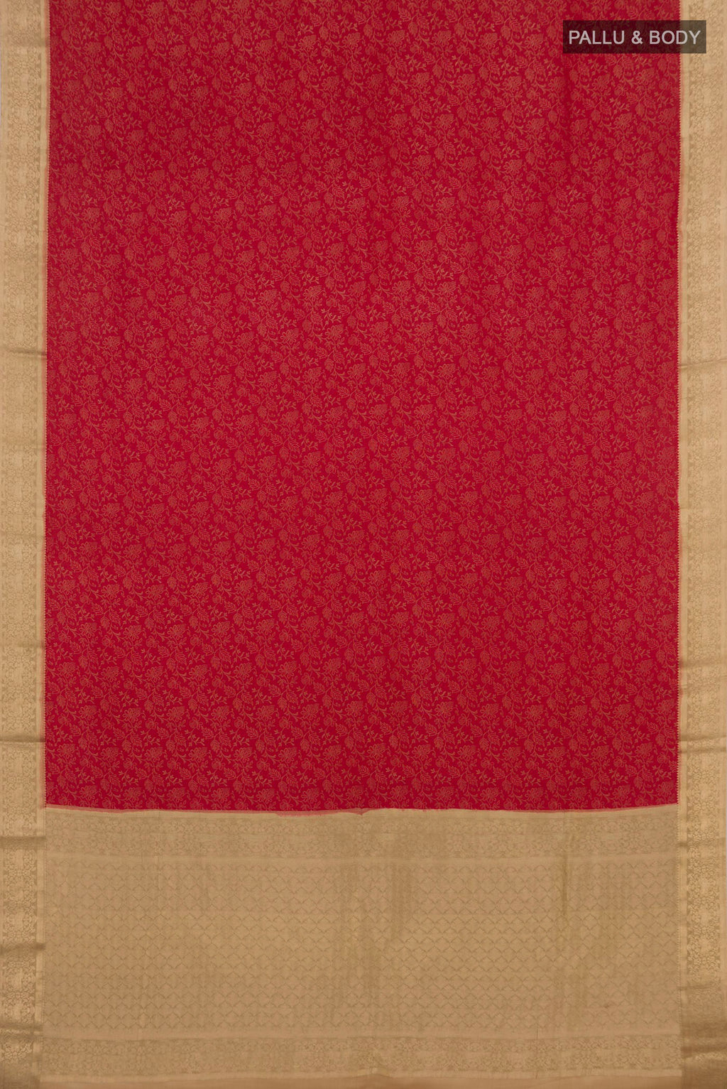 Flat view of Red Mysore Crepe Saree with Zari Brocade on the body and Zari Border. 
