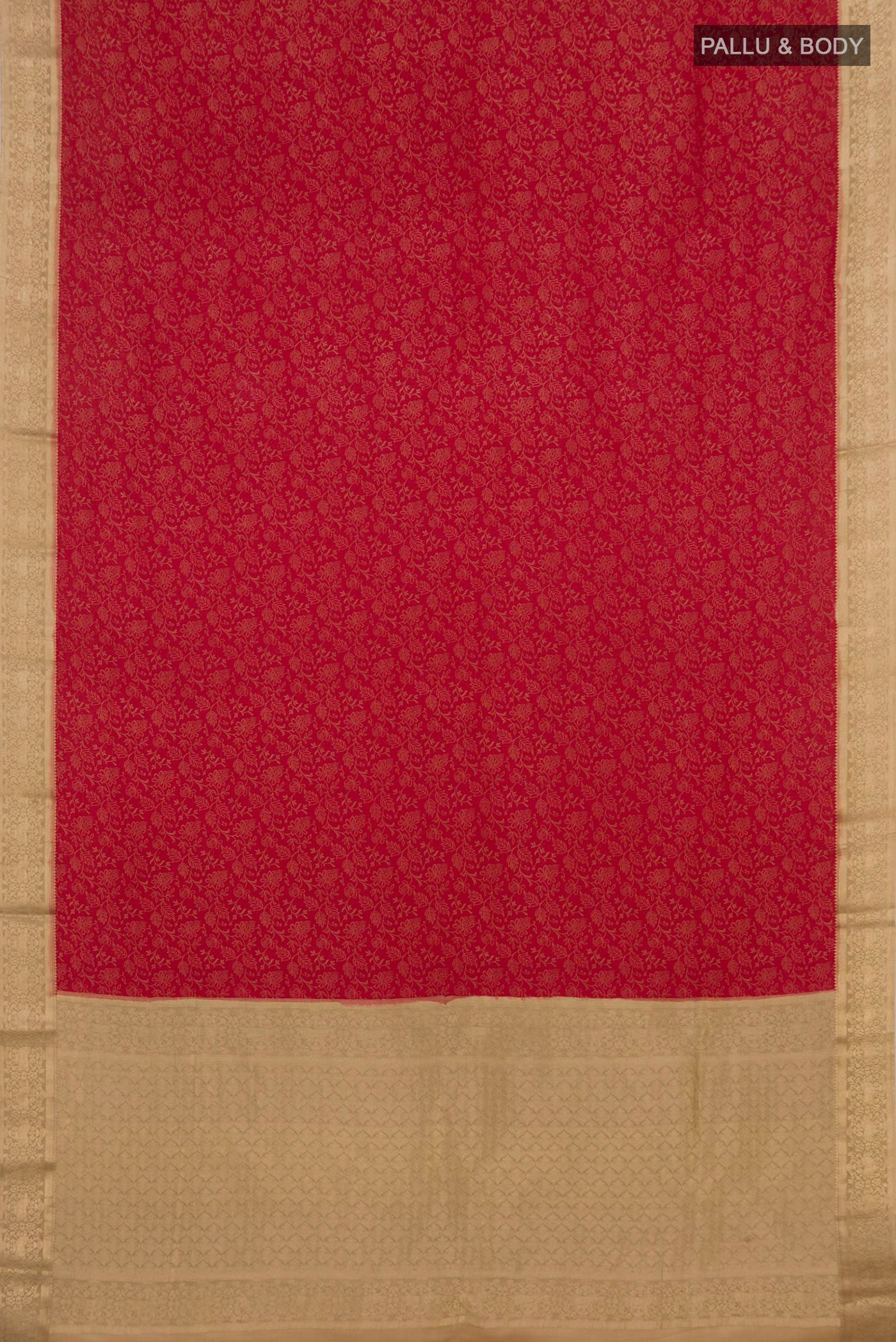 Flat view of Red Mysore Crepe Saree with Zari Brocade on the body and Zari Border. 