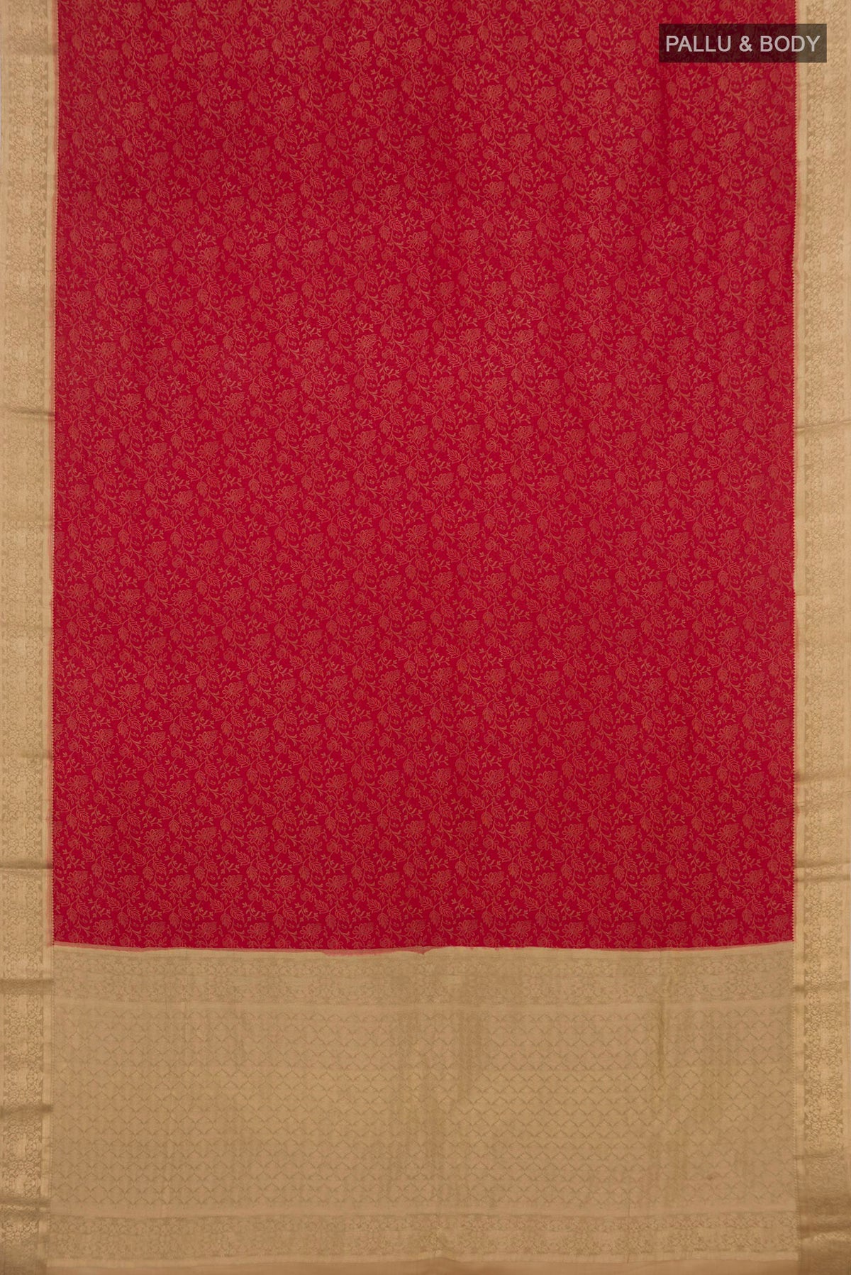 Flat view of Red Mysore Crepe Saree with Zari Brocade on the body and Zari Border. 