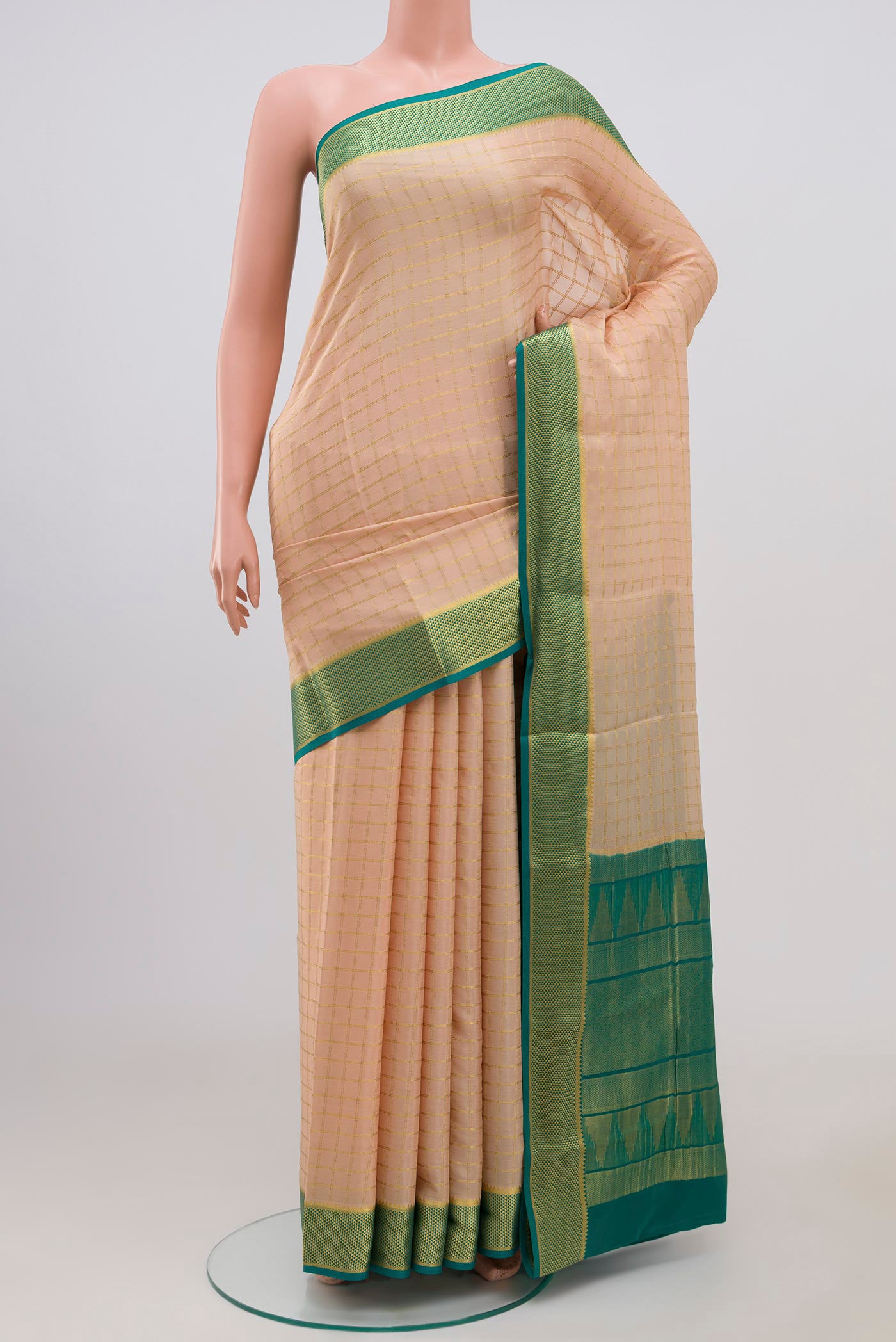 Cream Mysore Crepe Saree with Checked design on the body and Zari Border.  displayed on a mannequin