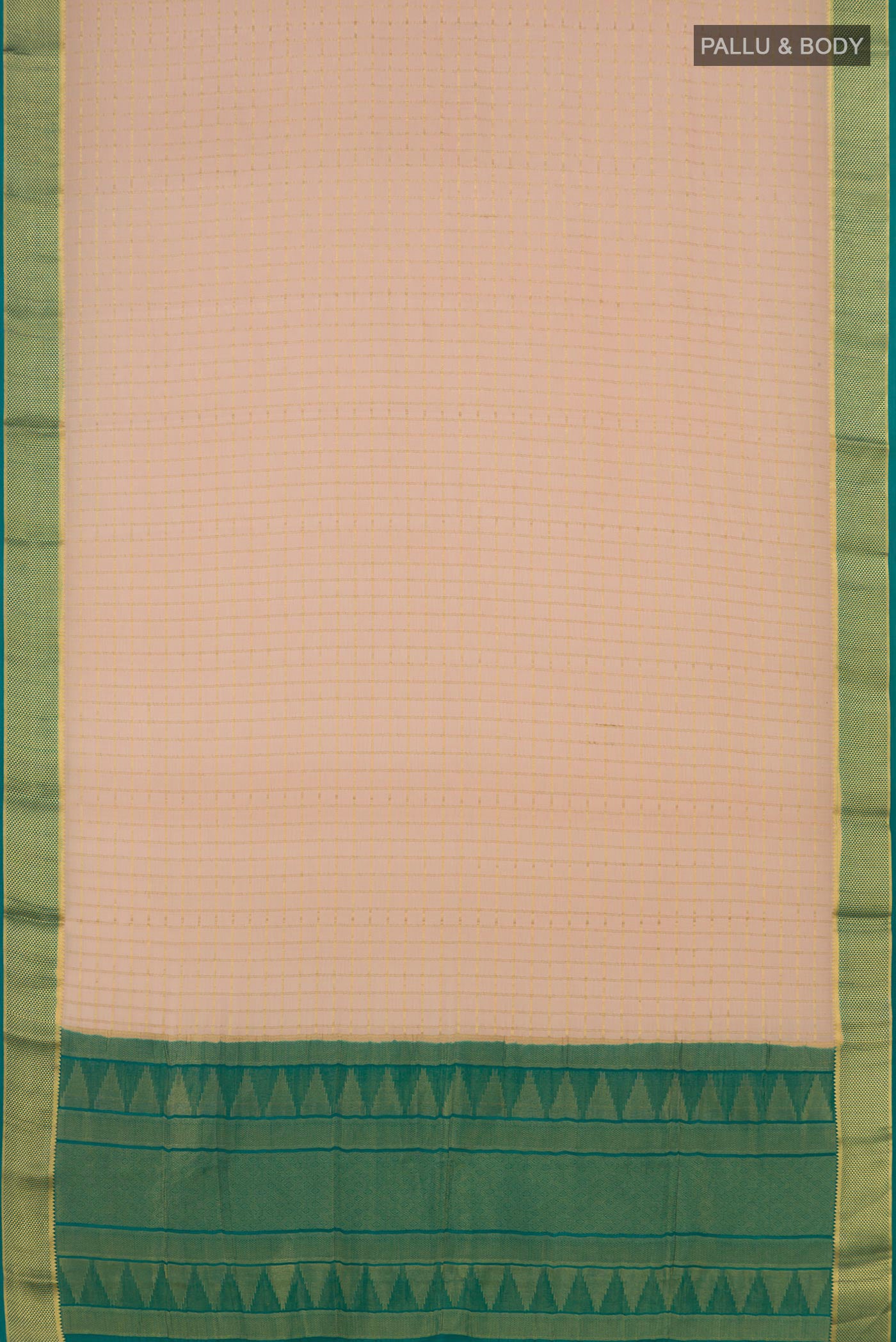 Flat view of Cream Mysore Crepe Saree with Checked design on the body and Zari Border. 