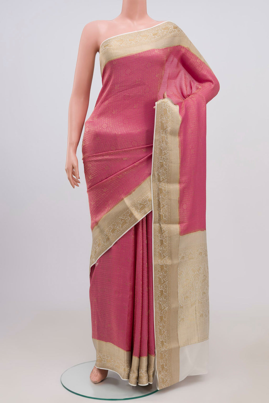 Pink Mysore Crepe Saree with Zari Brocade on the body and Zari Border.  displayed on a mannequin