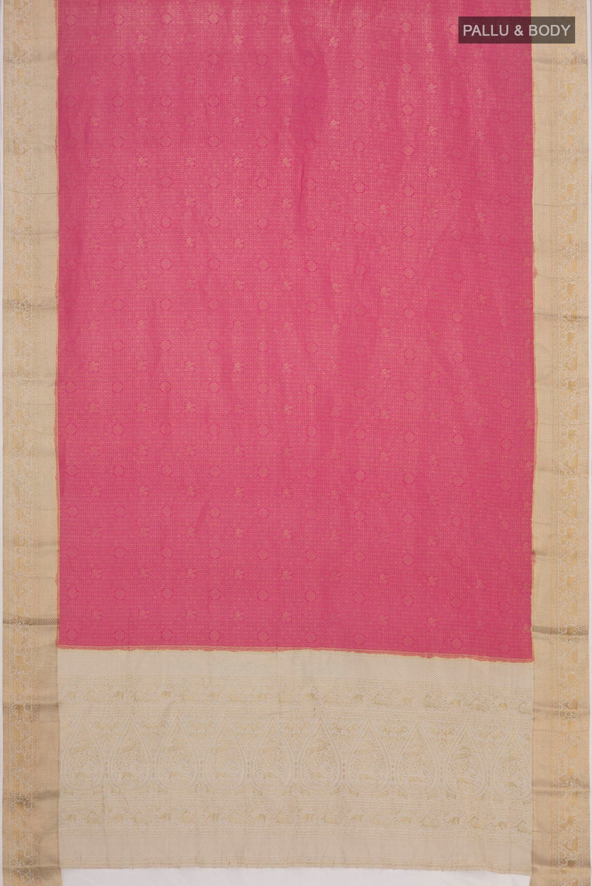 Flat view of Pink Mysore Crepe Saree with Zari Brocade on the body and Zari Border. 