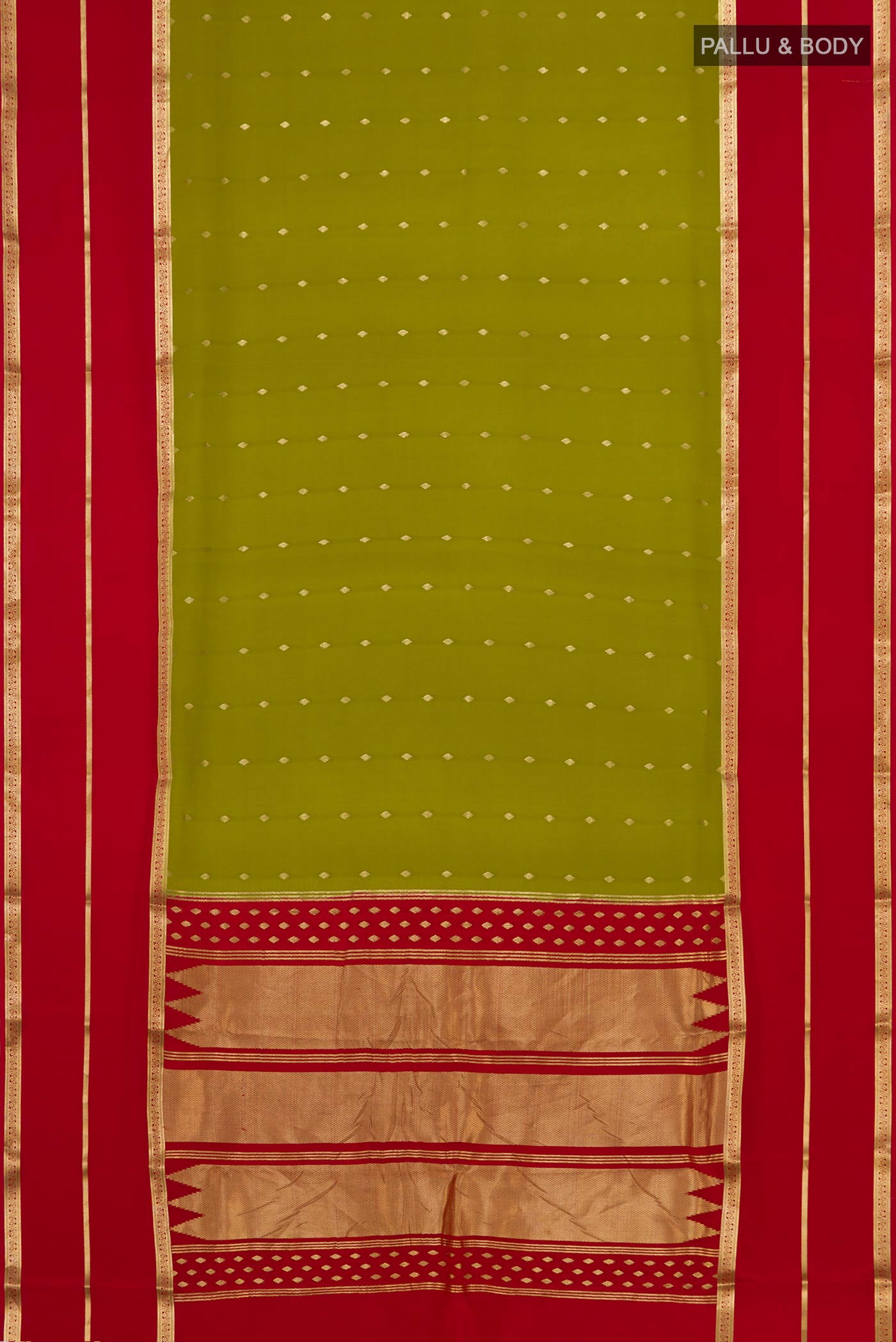 Flat view of Olive Green Crepe Saree with Zari Butta on the body and Zari Border. 