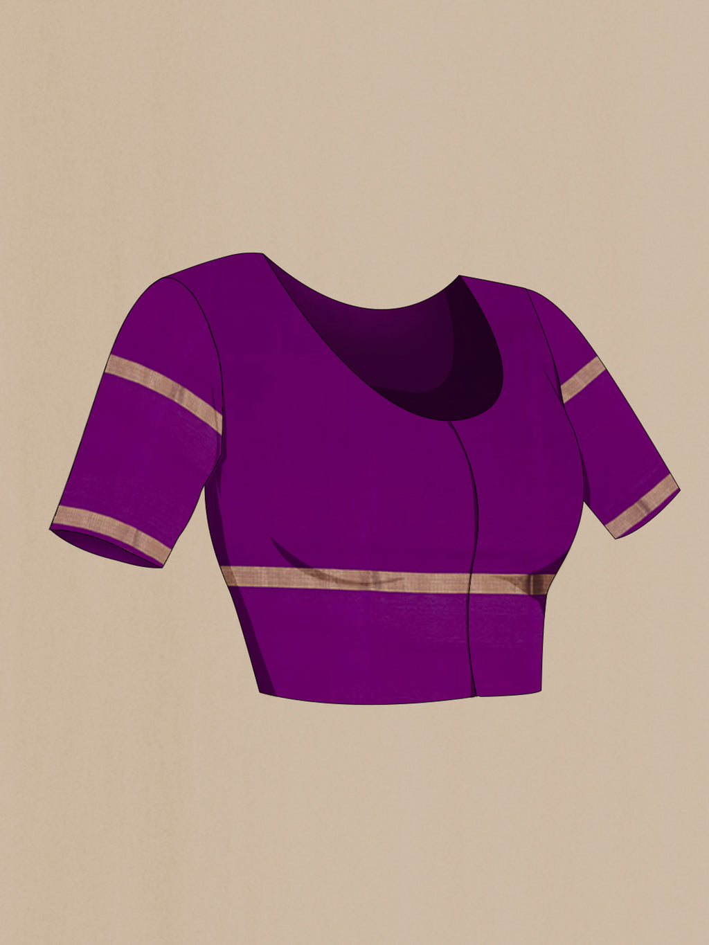 Close up image of the blouse of Purple Mysore Silk Saree with Plain Body and Zari Border. 