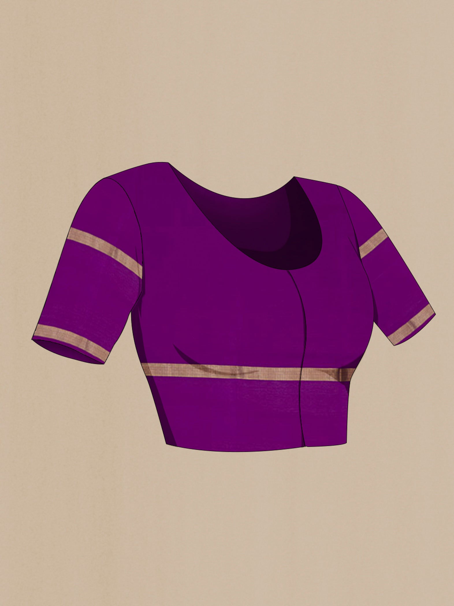 Close up image of the blouse of Purple Mysore Silk Saree with Plain Body and Zari Border. 