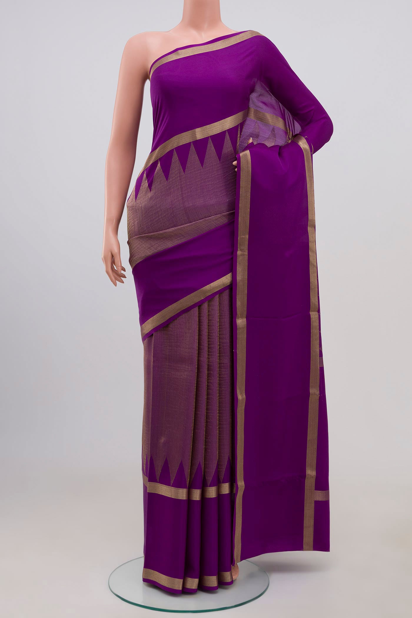 Purple Mysore Silk Saree with Plain Body and Zari Border.  displayed on a mannequin