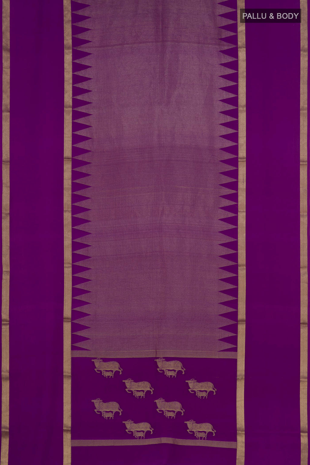 Flat view of Purple Mysore Silk Saree with Plain Body and Zari Border. 