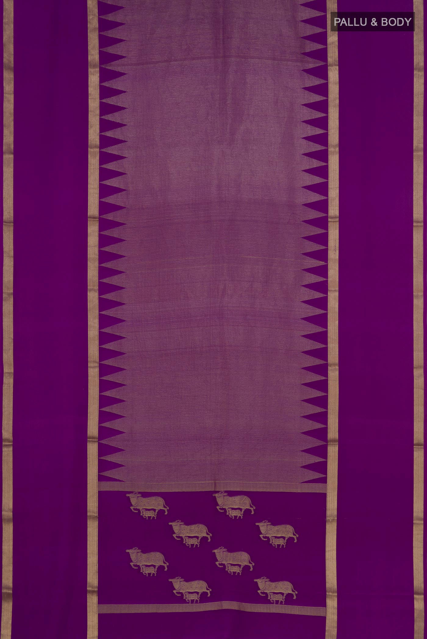 Flat view of Purple Mysore Silk Saree with Plain Body and Zari Border. 