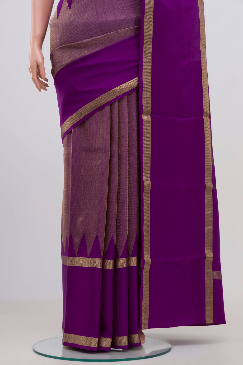 Pleats and pallu of Purple Mysore Silk Saree with Plain Body and Zari Border. 