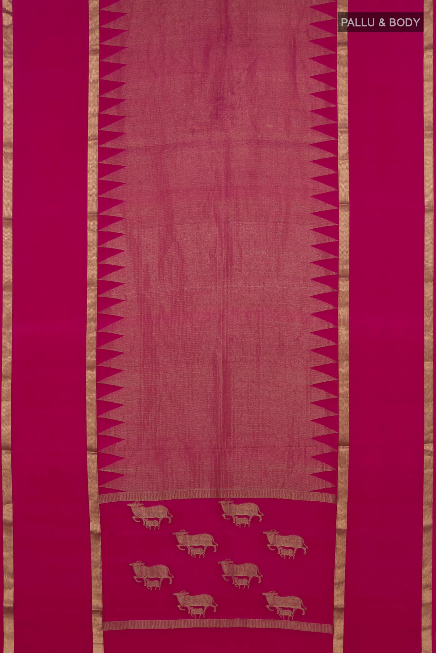 Flat view of Pink Mysore Crepe Saree with Zari Brocade on the body and Zari Border. 