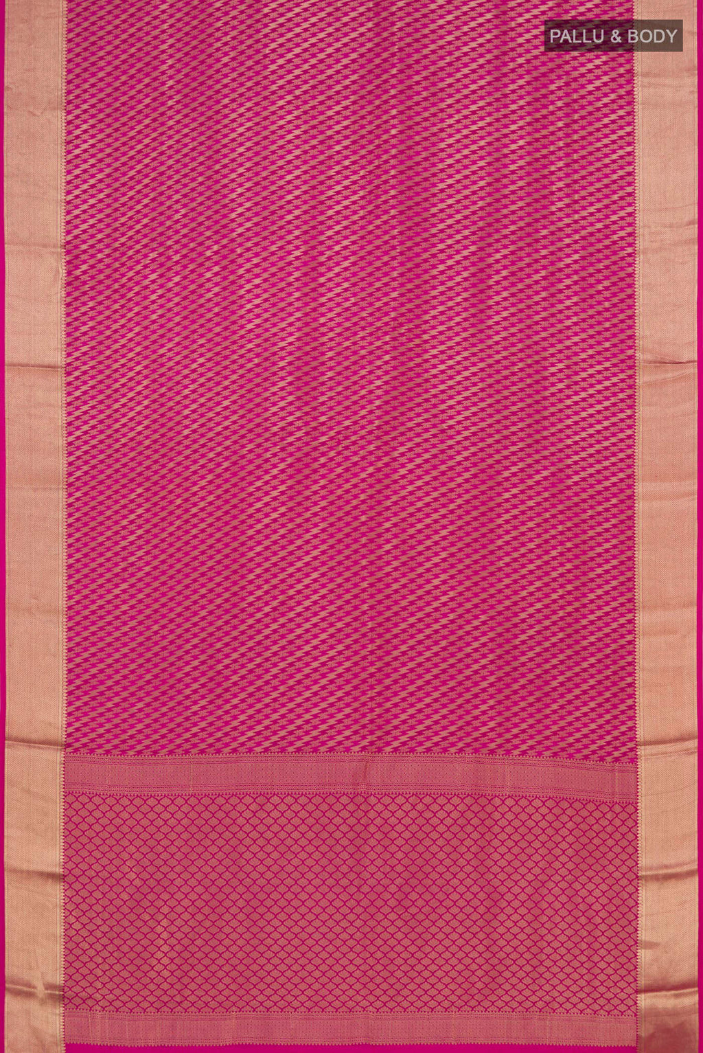 Flat view of Pink Mysore Crepe Saree with Zari Brocade on the body and Zari Border. 