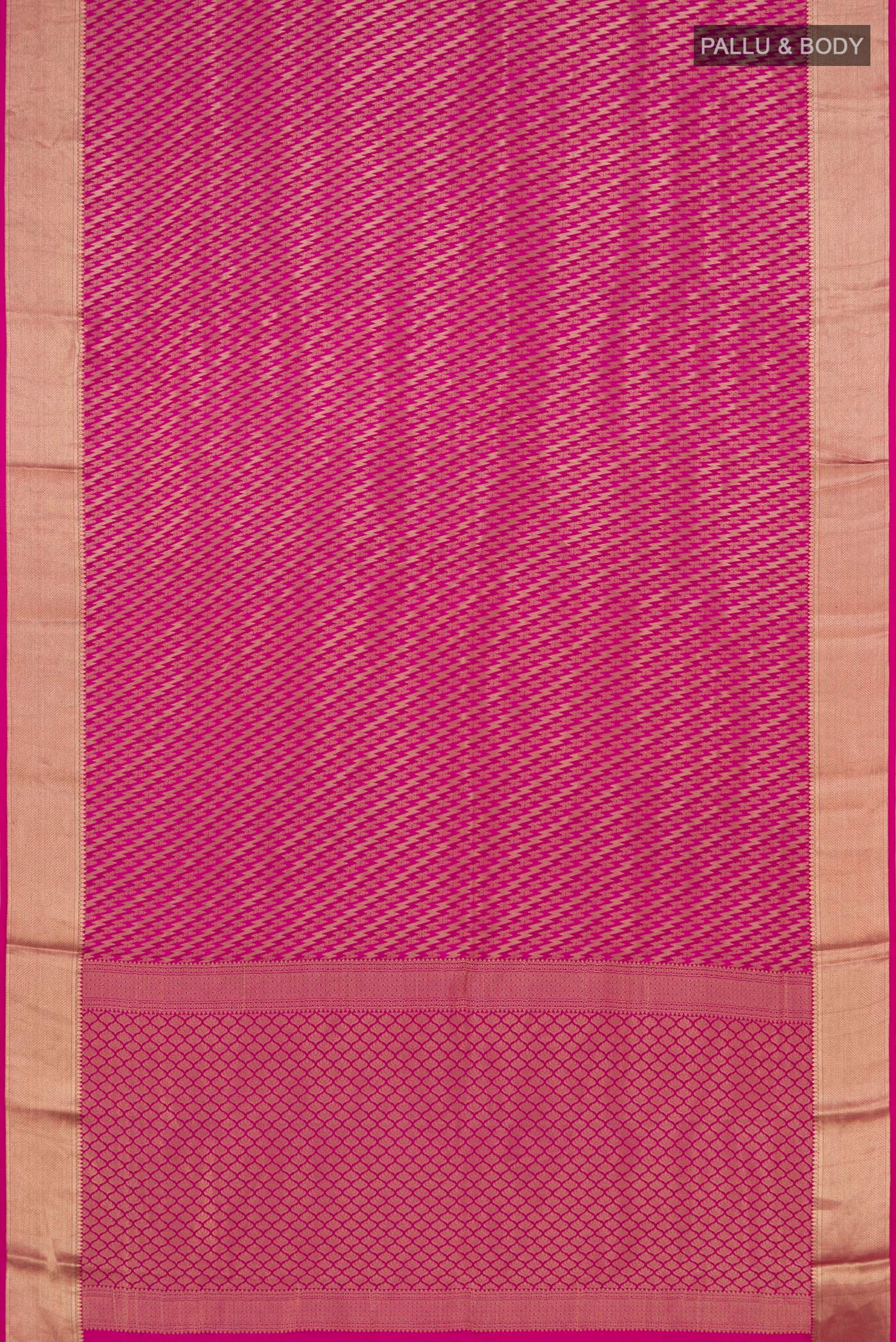 Flat view of Pink Mysore Crepe Saree with Zari Brocade on the body and Zari Border. 