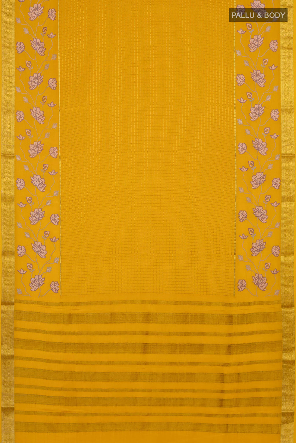Flat view of Yellow Crepe Saree with Checked design on the body and Zari Border. 