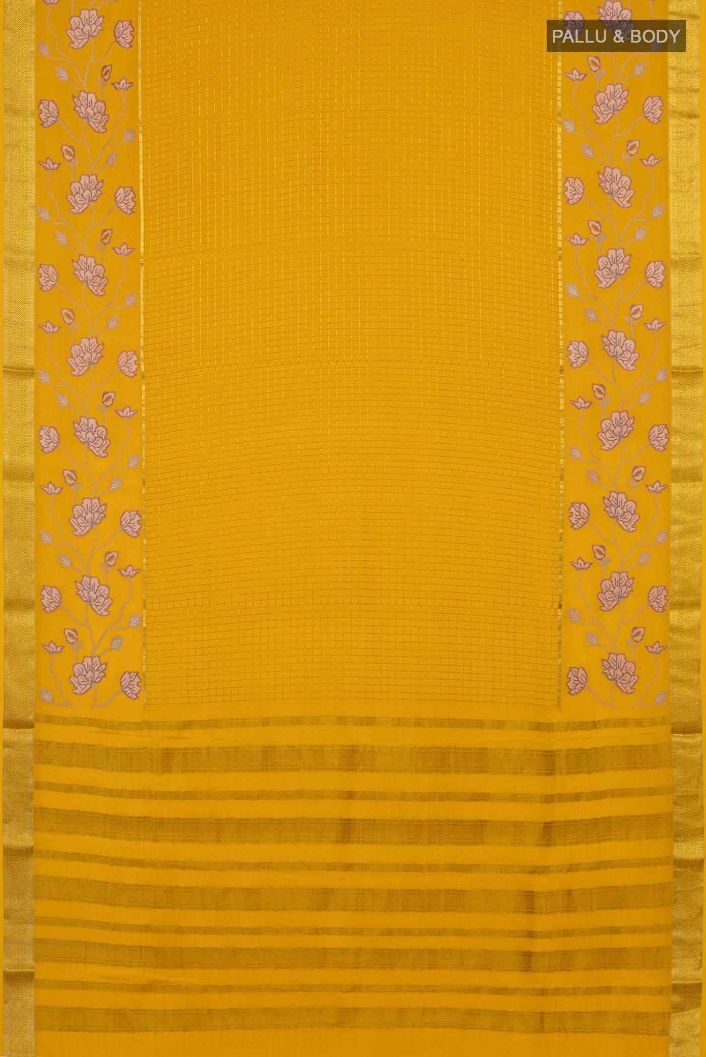 Flat view of Yellow Crepe Saree with Checked design on the body and Zari Border. 