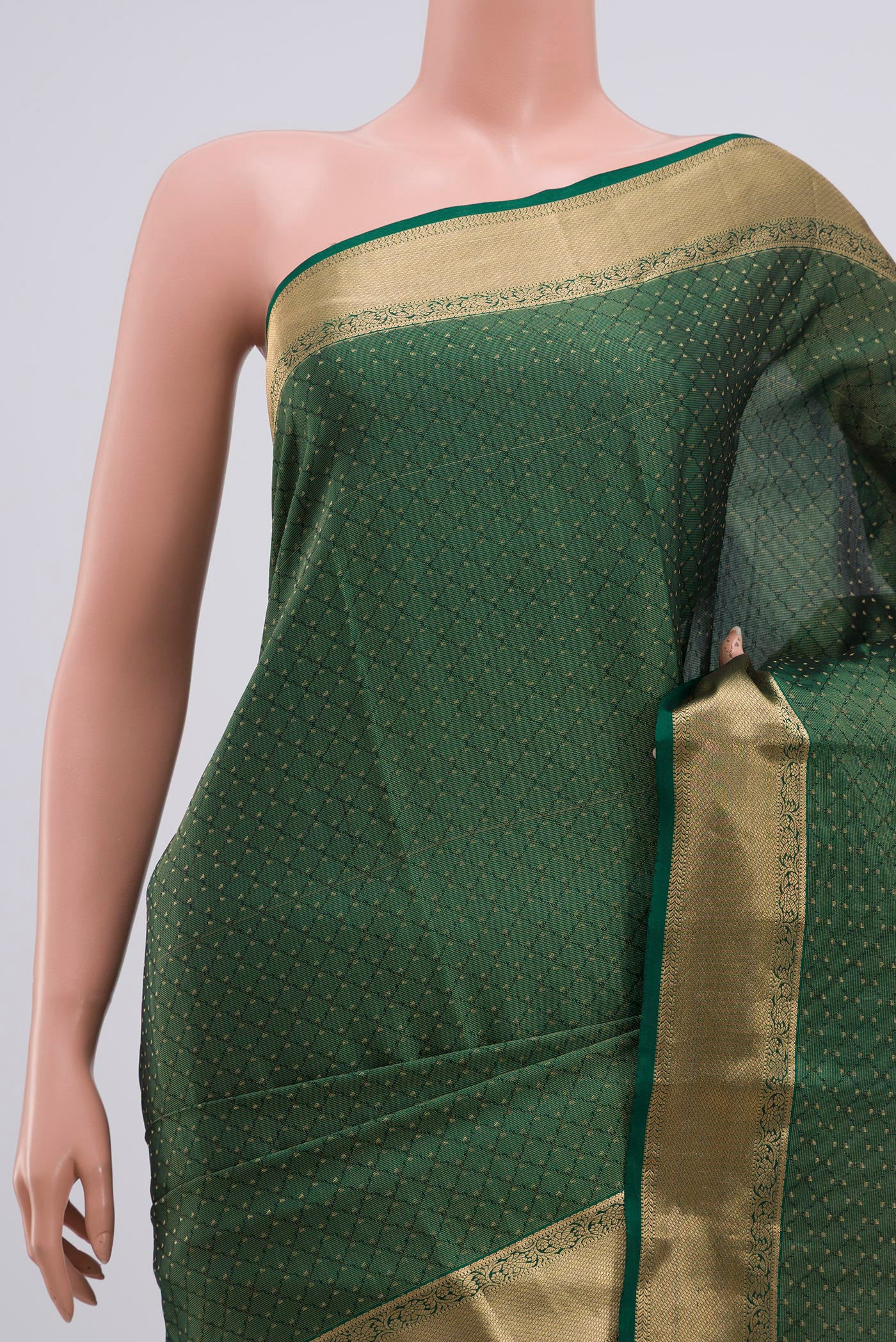 Border image of Green Kanjivaram Saree with Zari Butta on the body and Zari Border. 
