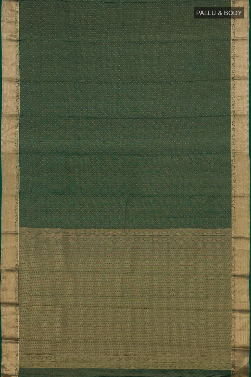 Flat view of Green Kanjivaram Saree with Zari Butta on the body and Zari Border. 