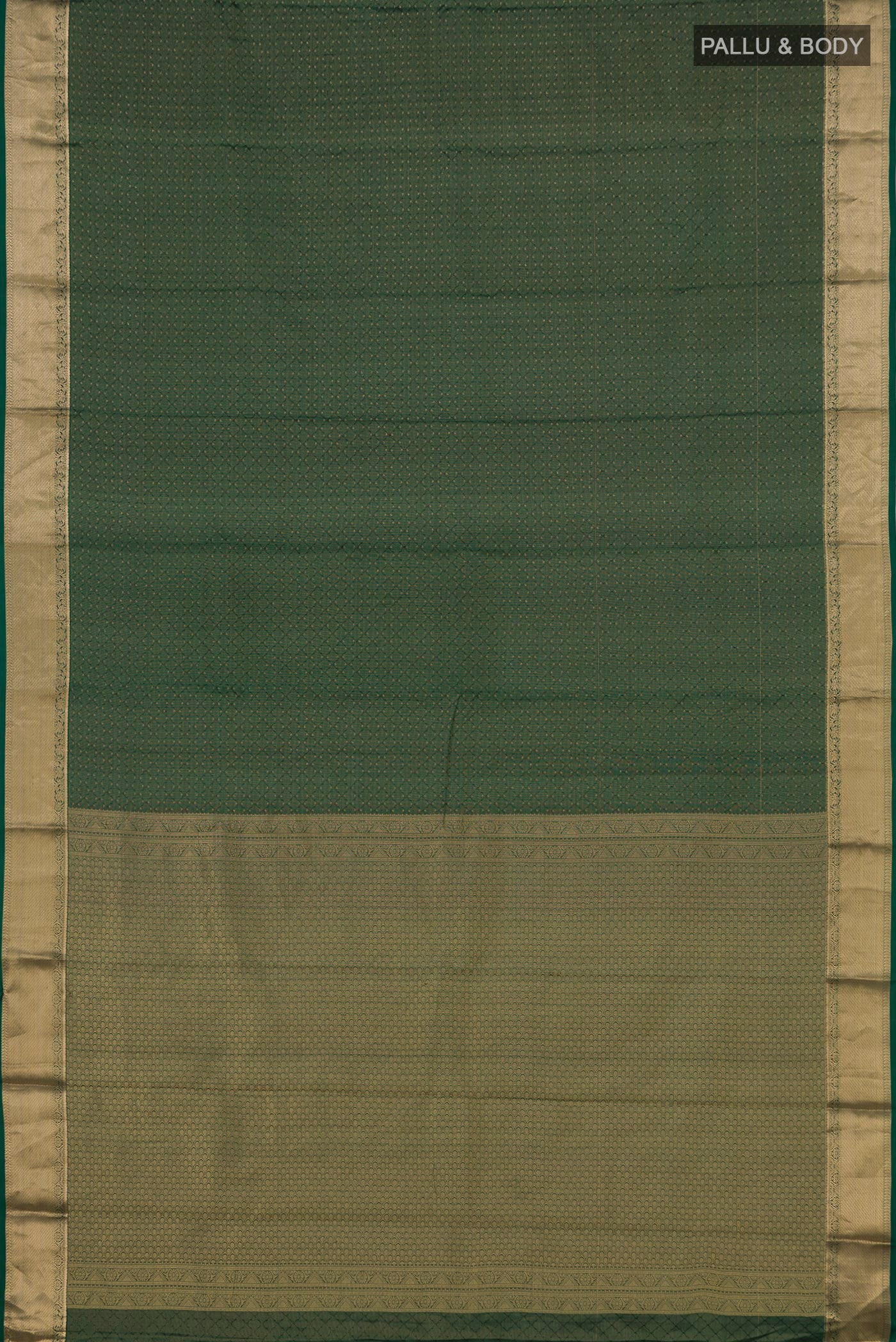 Flat view of Green Kanjivaram Saree with Zari Butta on the body and Zari Border. 
