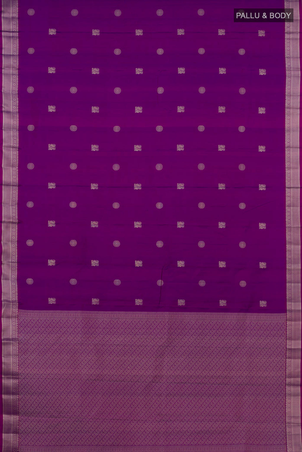 Flat view of Purple Kanchipuram Silk Saree with Thread Butta on the body and Thread Border. 