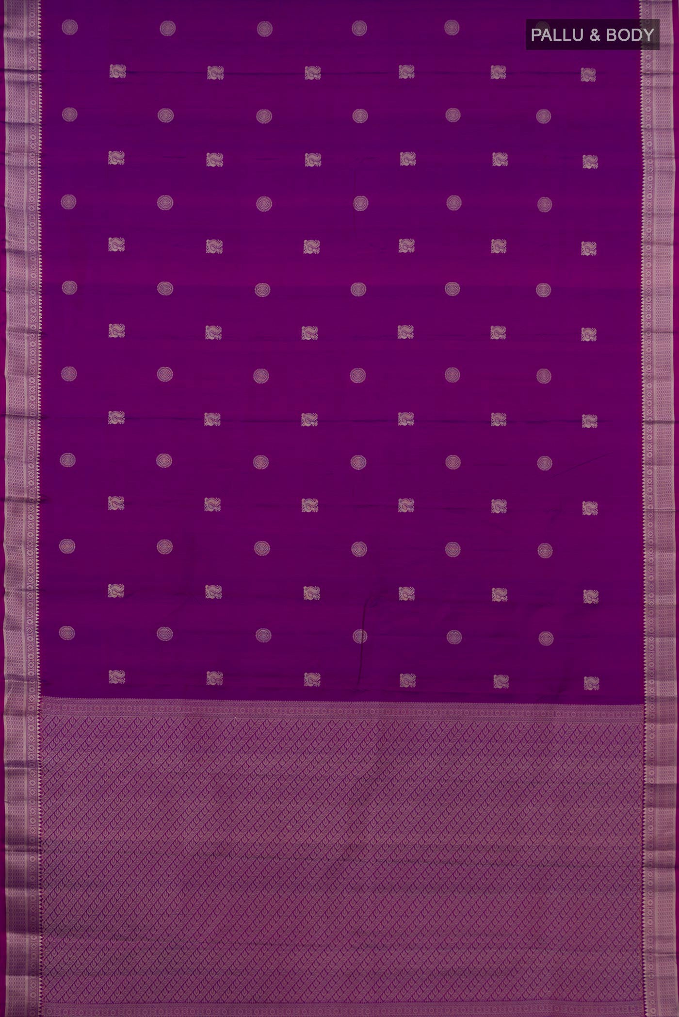 Flat view of Purple Kanchipuram Silk Saree with Thread Butta on the body and Thread Border. 