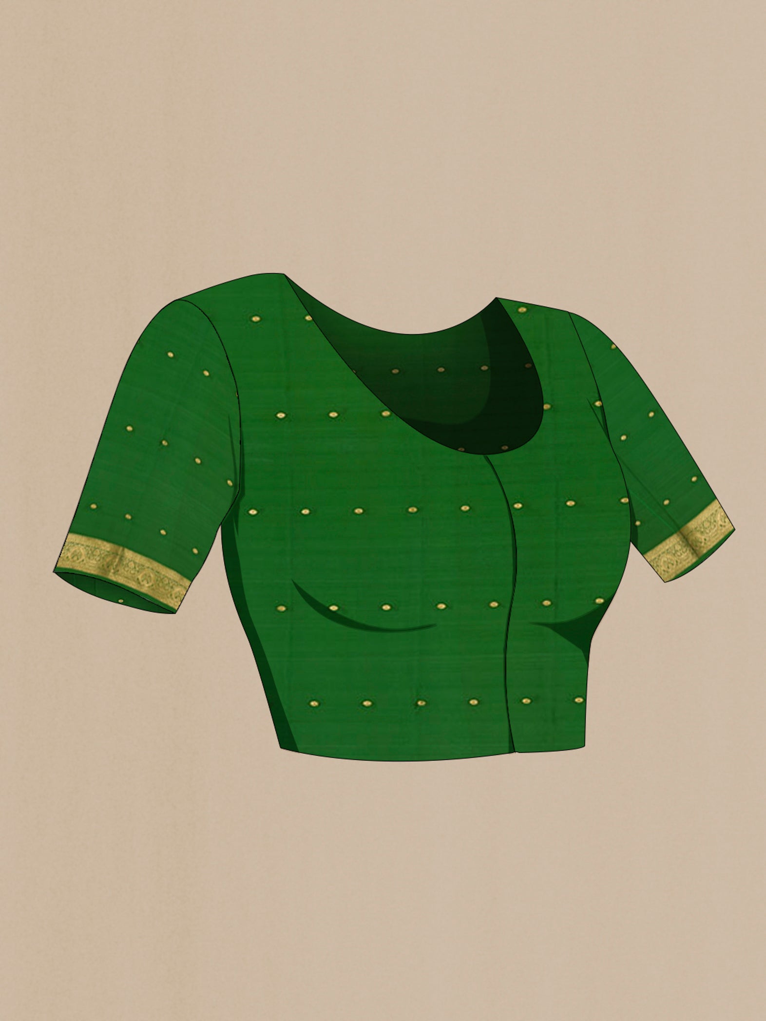 Close up image of the blouse of Brown Mysore Crepe Saree with Zari Butta on the body and Zari Border. 