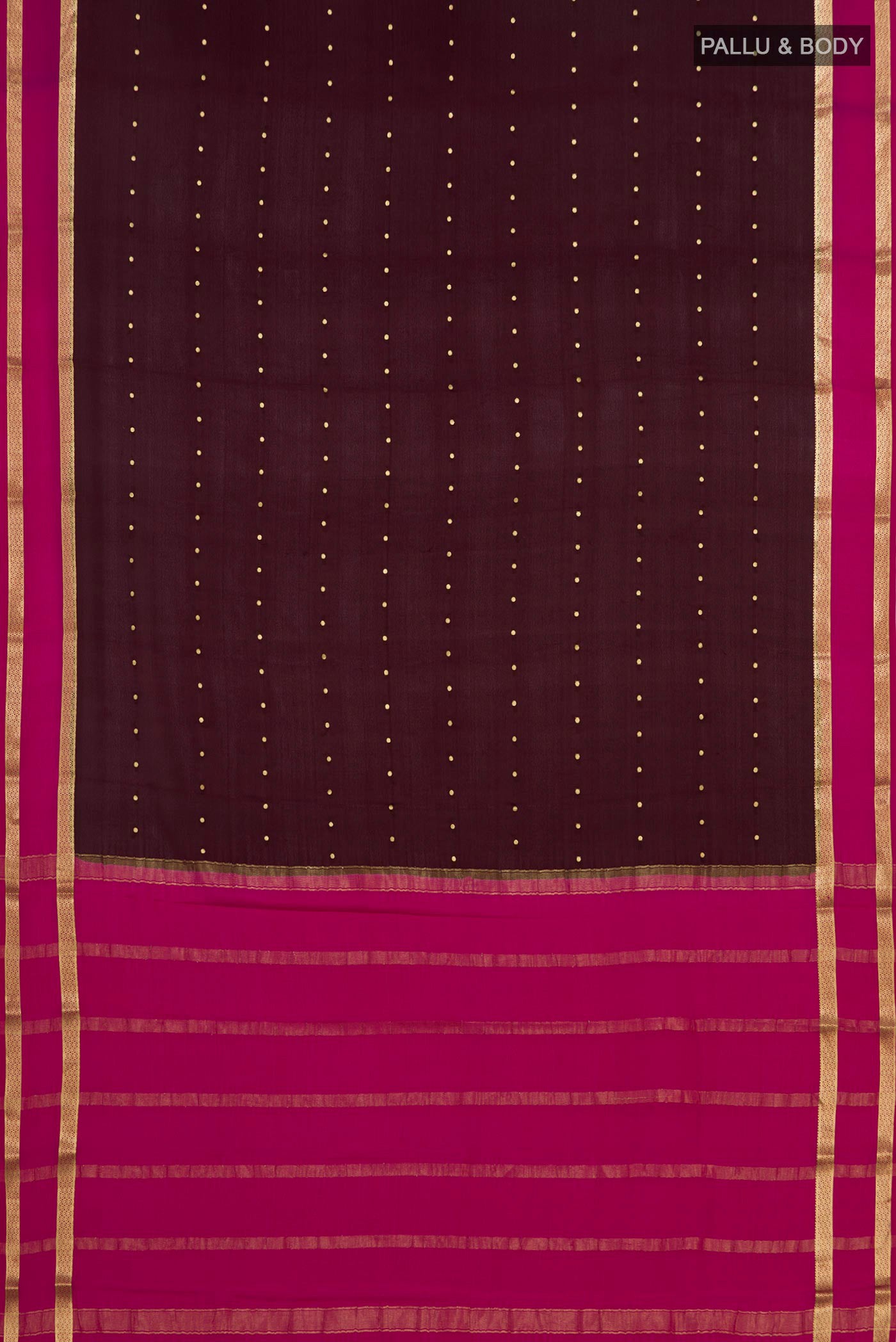 Flat view of Brown Mysore Crepe Saree with Zari Butta on the body and Zari Border. 