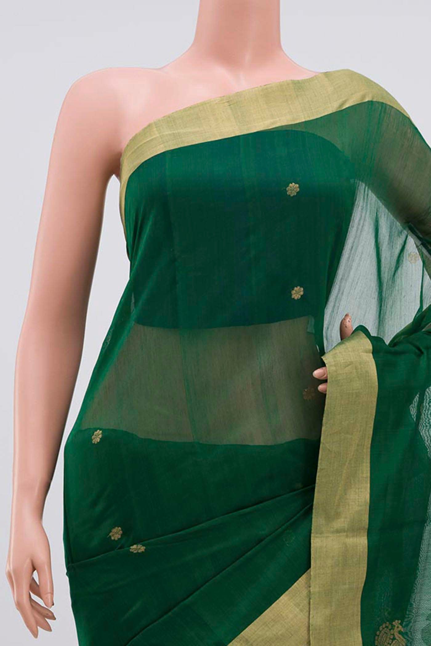 Border image of Green Chanderi Silk Cotton Saree with Zari Butta on the body and Zari Border. 