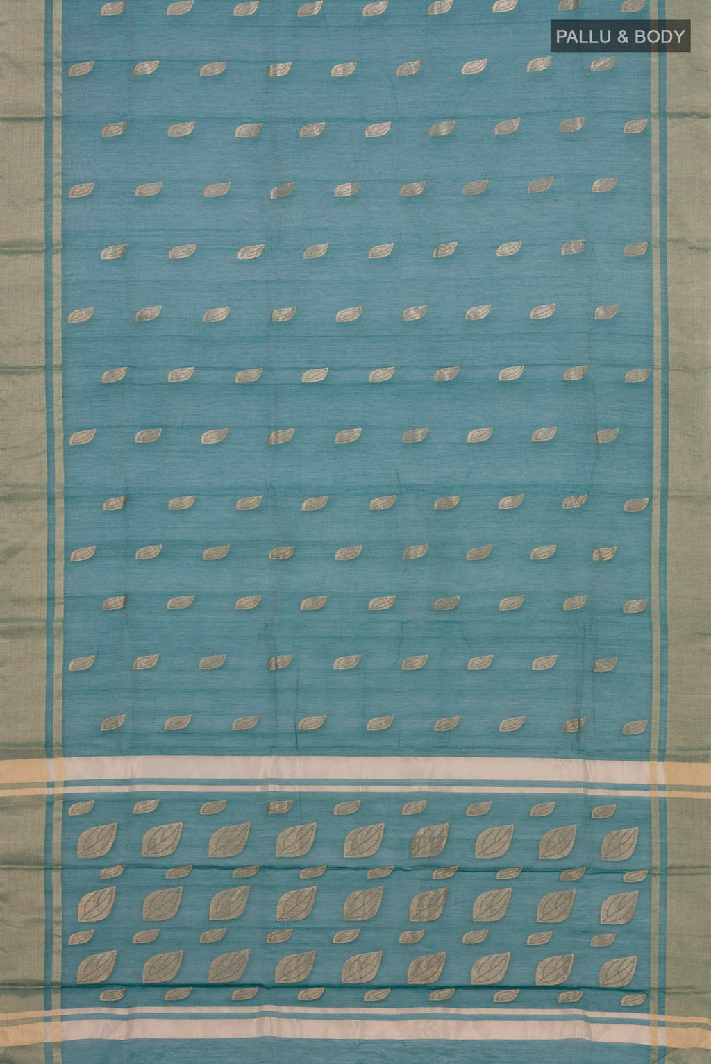 Flat view of Green Chanderi Silk Cotton Saree with Zari Butta on the body and Zari Border. 