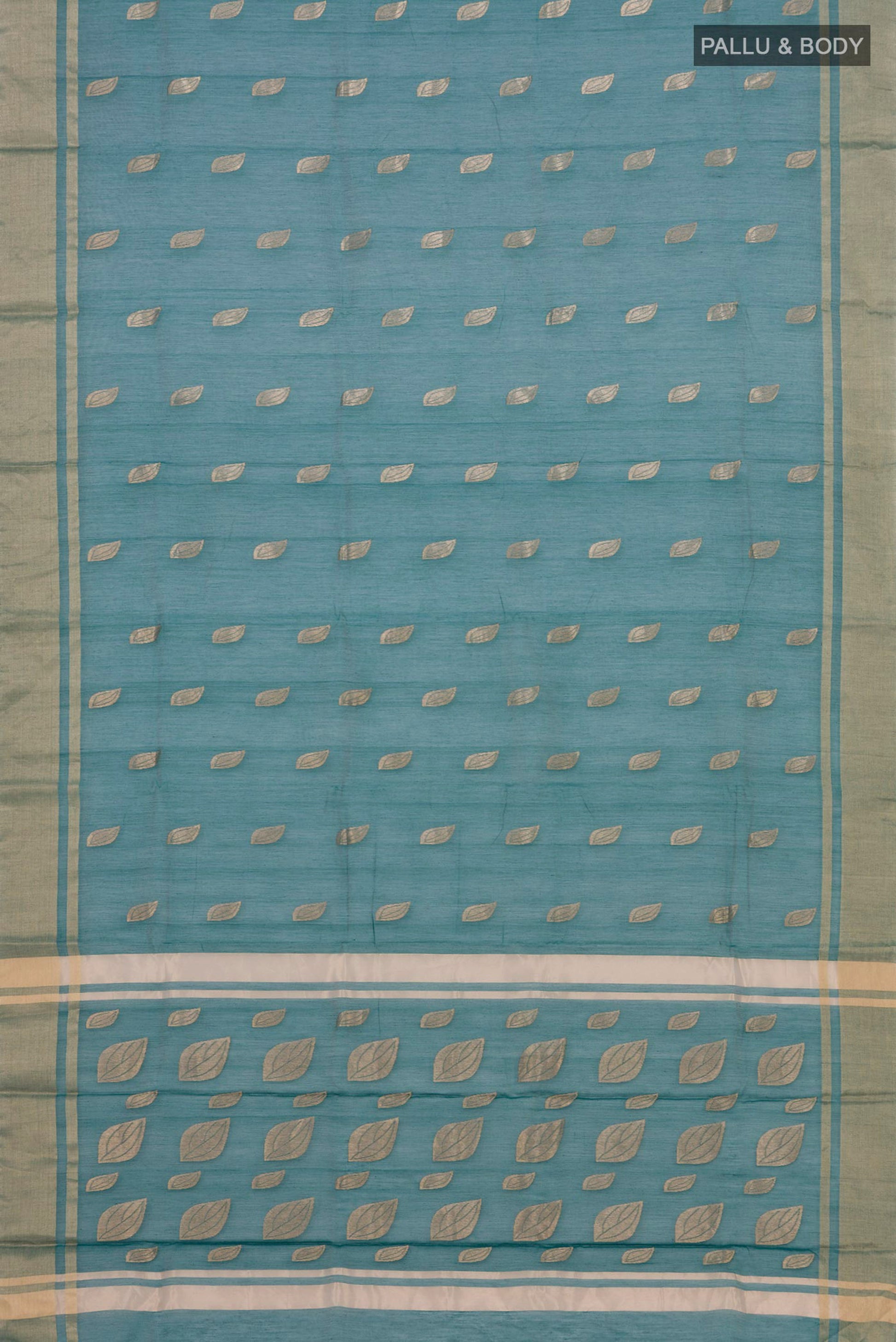 Flat view of Green Chanderi Silk Cotton Saree with Zari Butta on the body and Zari Border. 