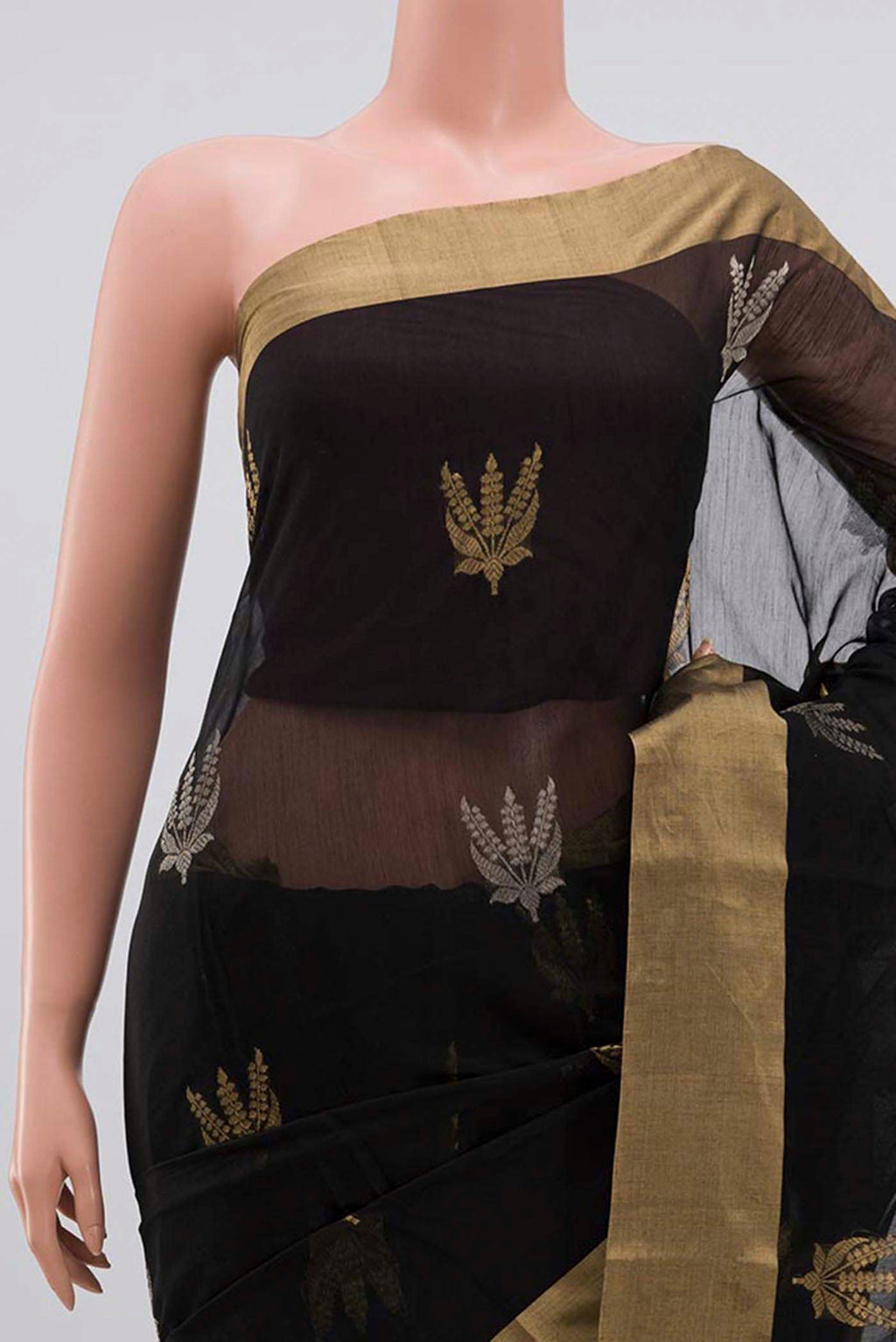 Border image of Black Chanderi Silk Cotton Saree with Zari Butta on the body and Zari Border. 