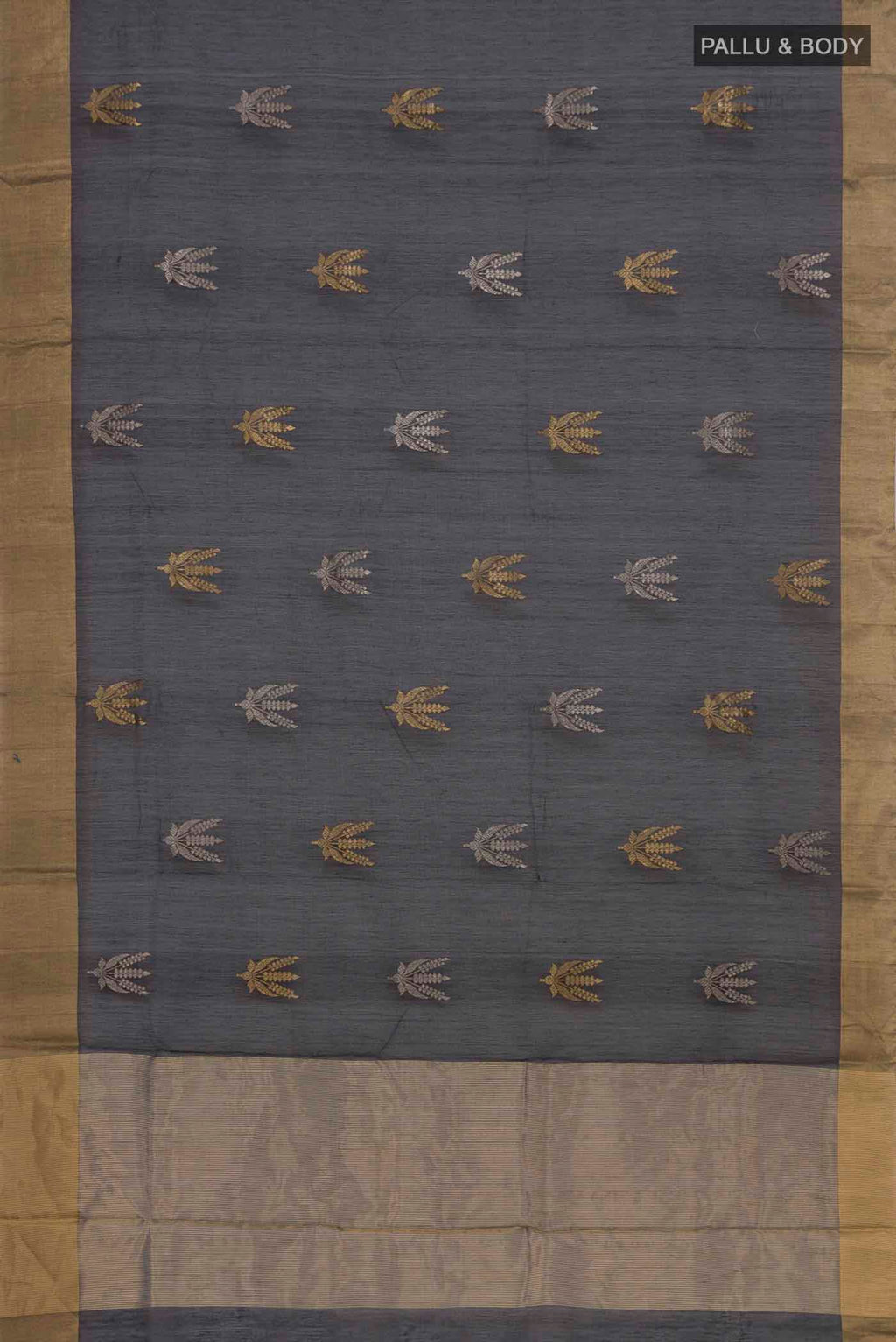 Flat view of Black Chanderi Silk Cotton Saree with Zari Butta on the body and Zari Border. 