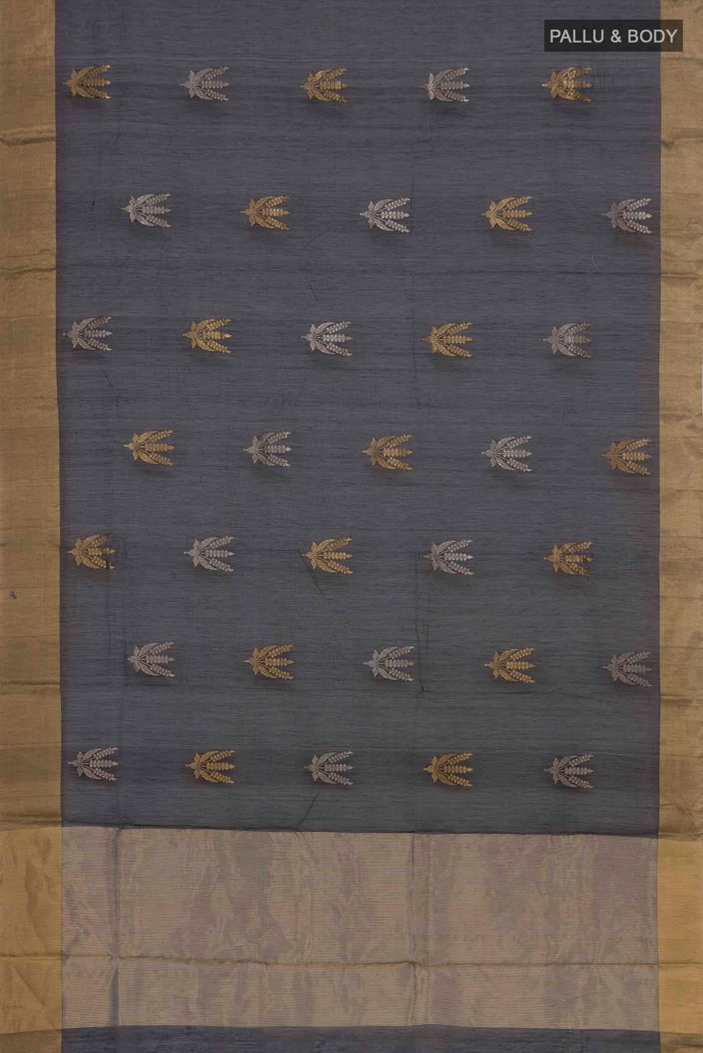 Flat view of Black Chanderi Silk Cotton Saree with Zari Butta on the body and Zari Border. 