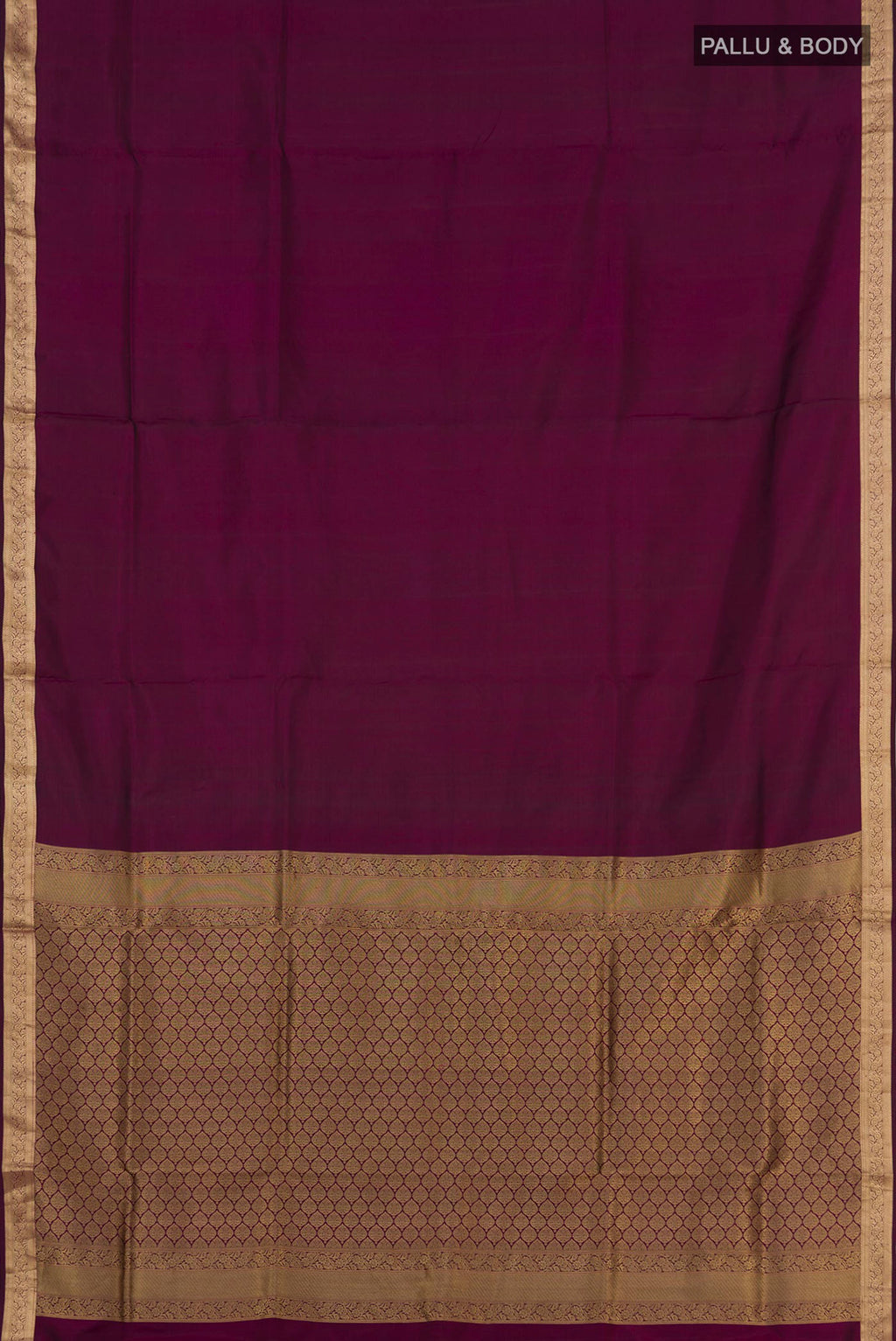 Flat view of Purple Soft Silk Saree with Plain Body and Zari Border. 