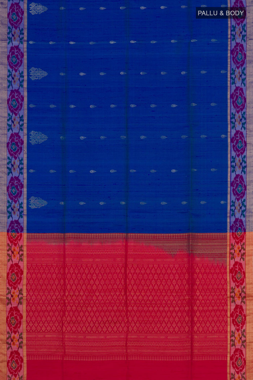 Flat view of Blue Soft Silk Saree with Zari Butta on the body and Ikat Border. 