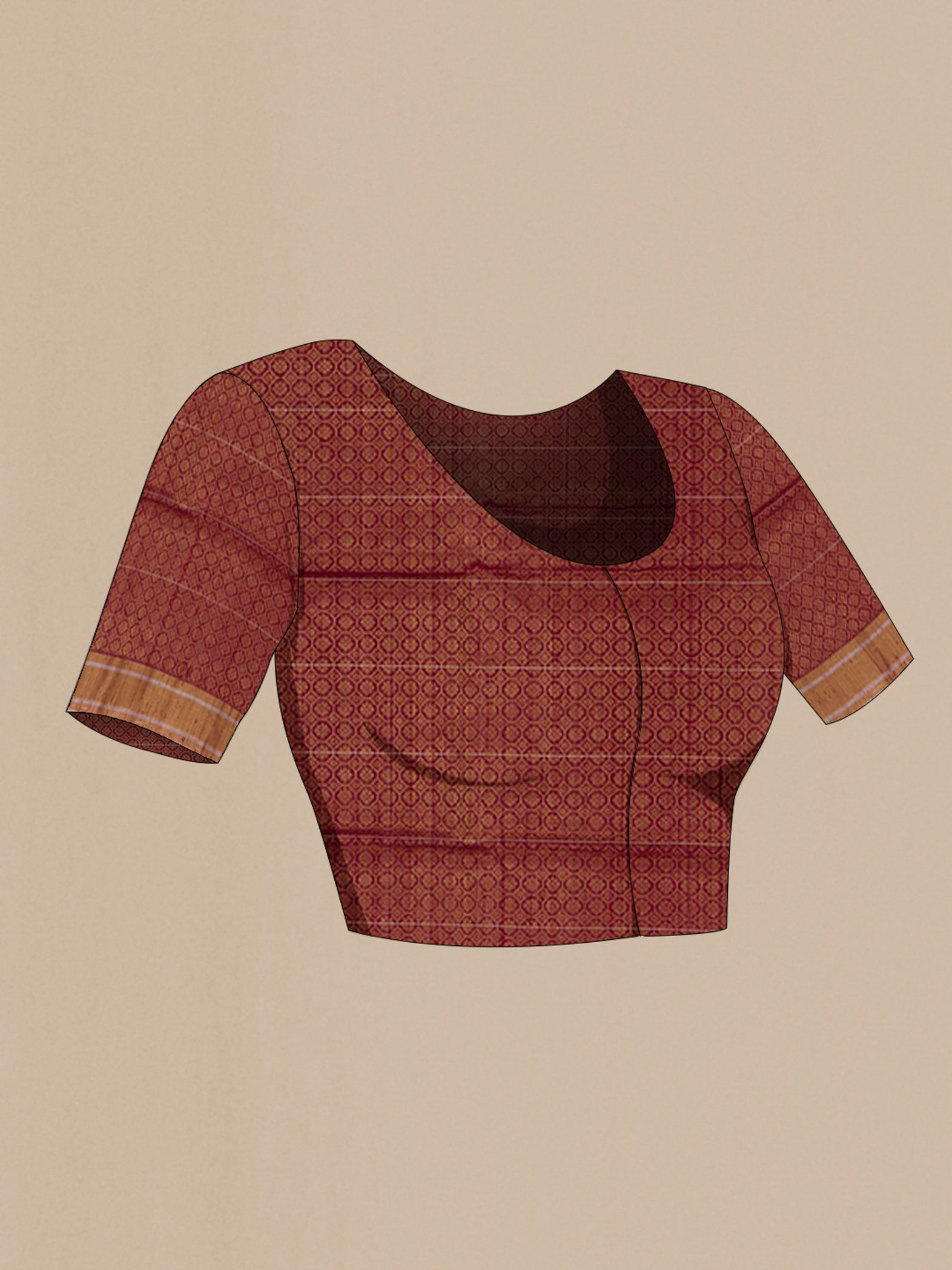 Close up image of the blouse of Maroon Soft Silk Saree with Zari Butta on the body and Zari Border. 