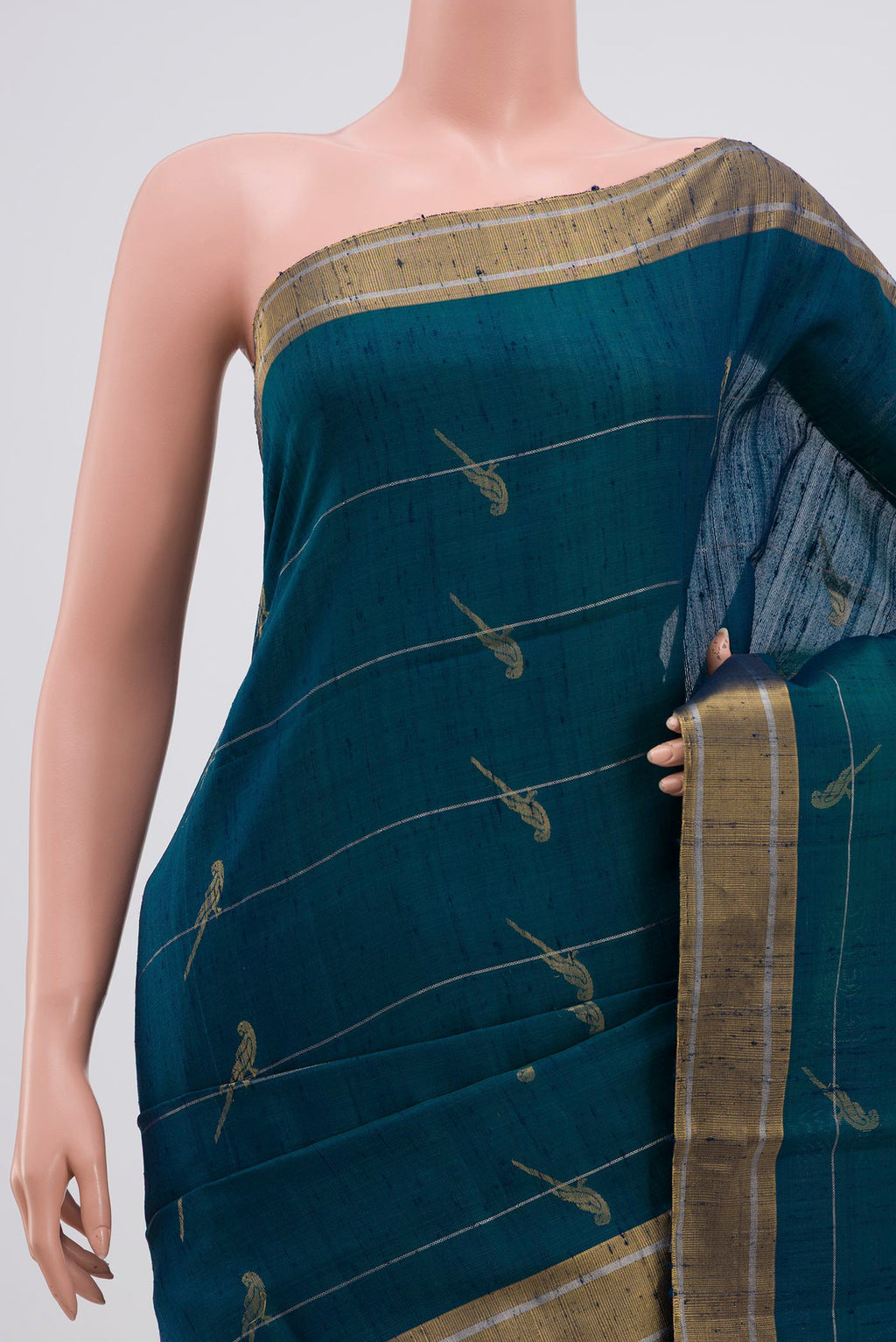 Border image of Peacock Blue Soft Silk Saree with Zari Butta on the body and Zari Border. 