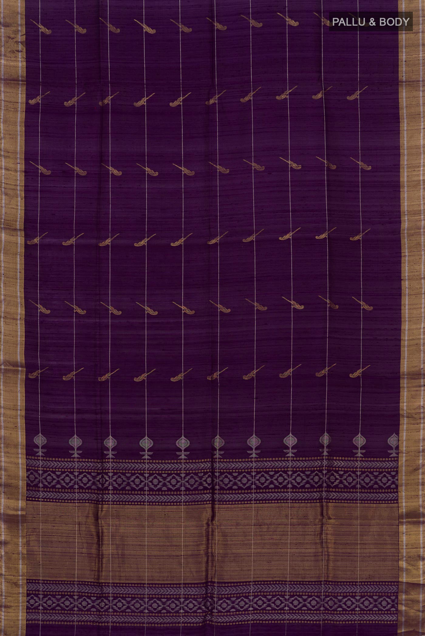Flat view of Purple Soft Silk Saree with Zari Butta on the body and Zari Border. 