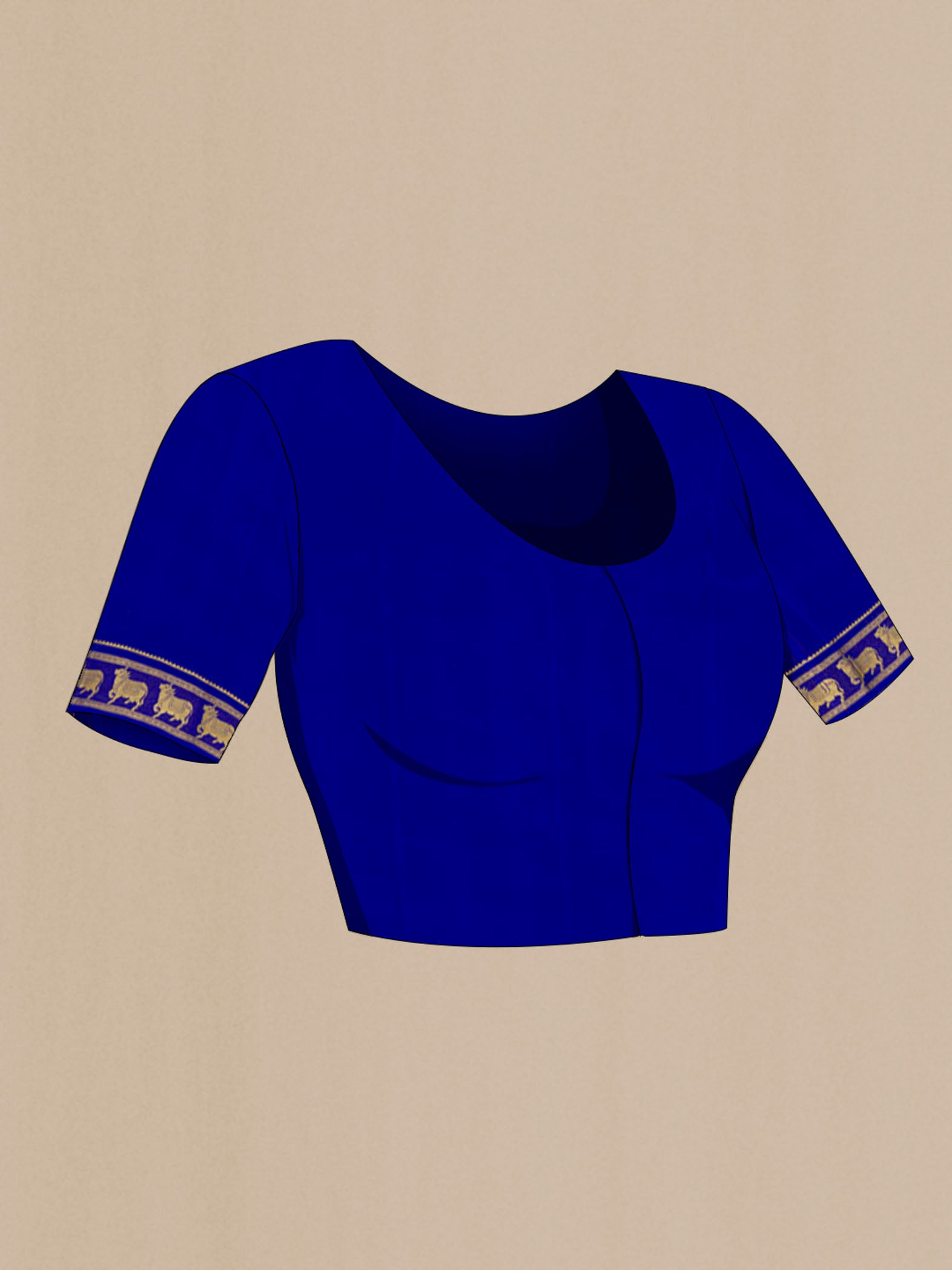 Close up image of the blouse of Royal Blue Mysore Crepe Saree with Plain Body and Zari Border. 