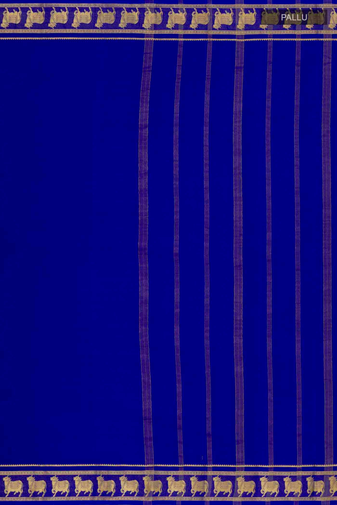 Close up image of the pallu of Royal Blue Mysore Crepe Saree with Plain Body and Zari Border. 