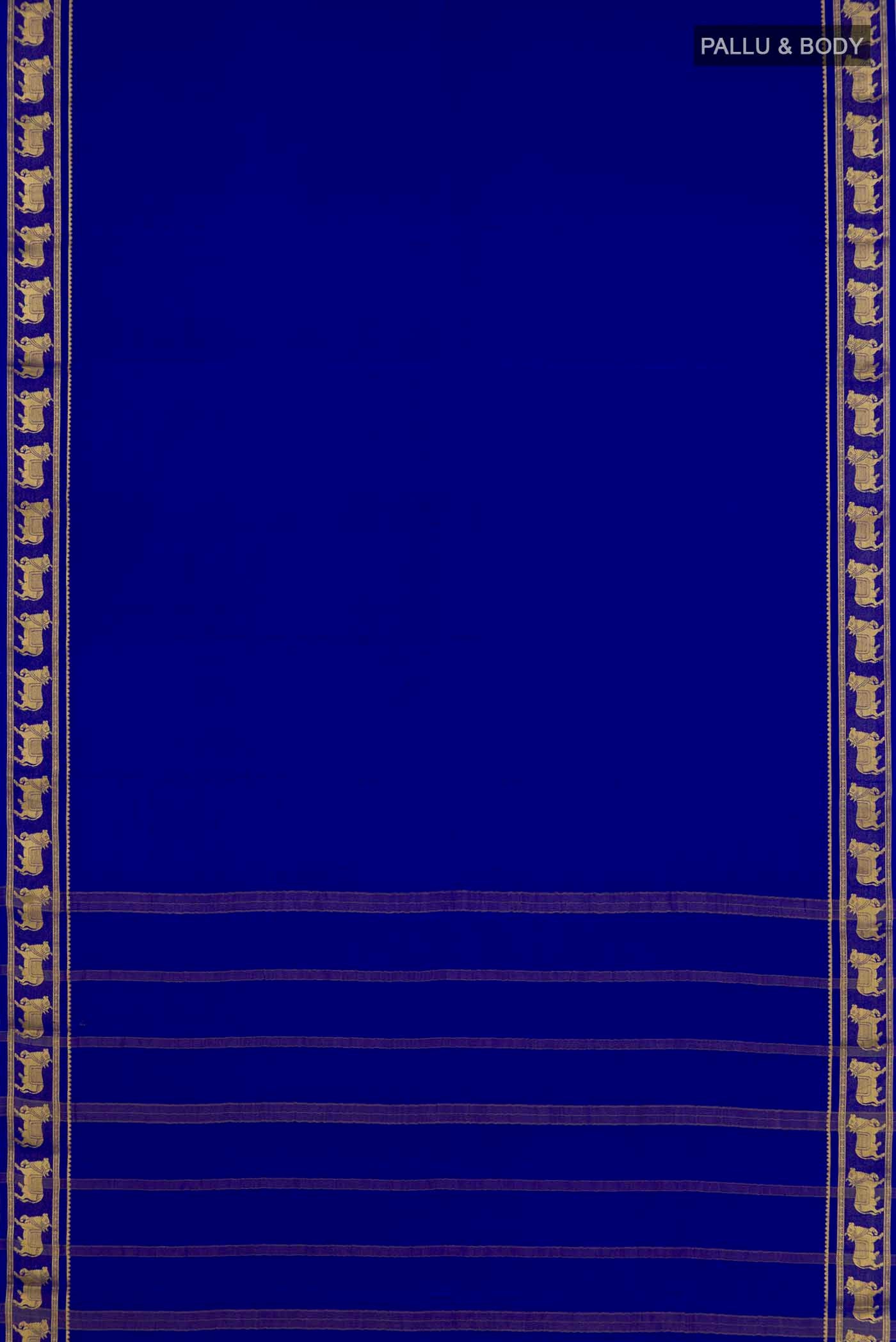 Flat view of Royal Blue Mysore Crepe Saree with Plain Body and Zari Border. 