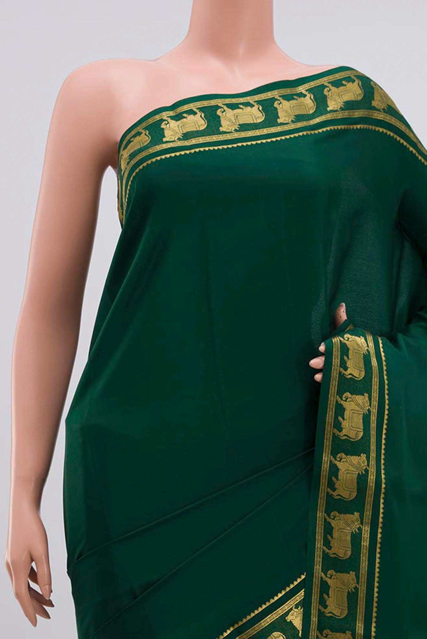 Border image of Green Mysore Crepe Saree with Plain Body and Zari Border. 