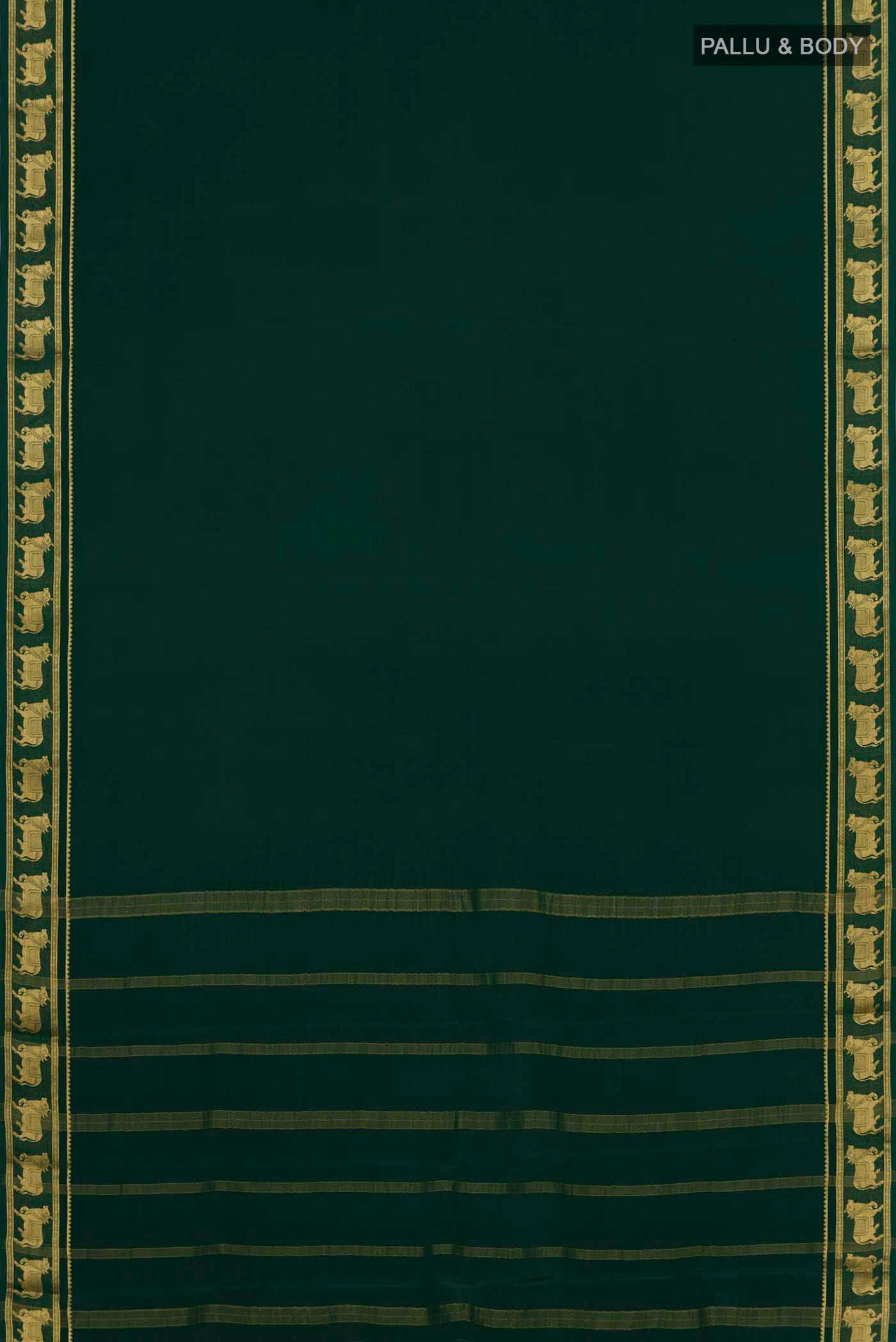 Flat view of Green Mysore Crepe Saree with Plain Body and Zari Border. 