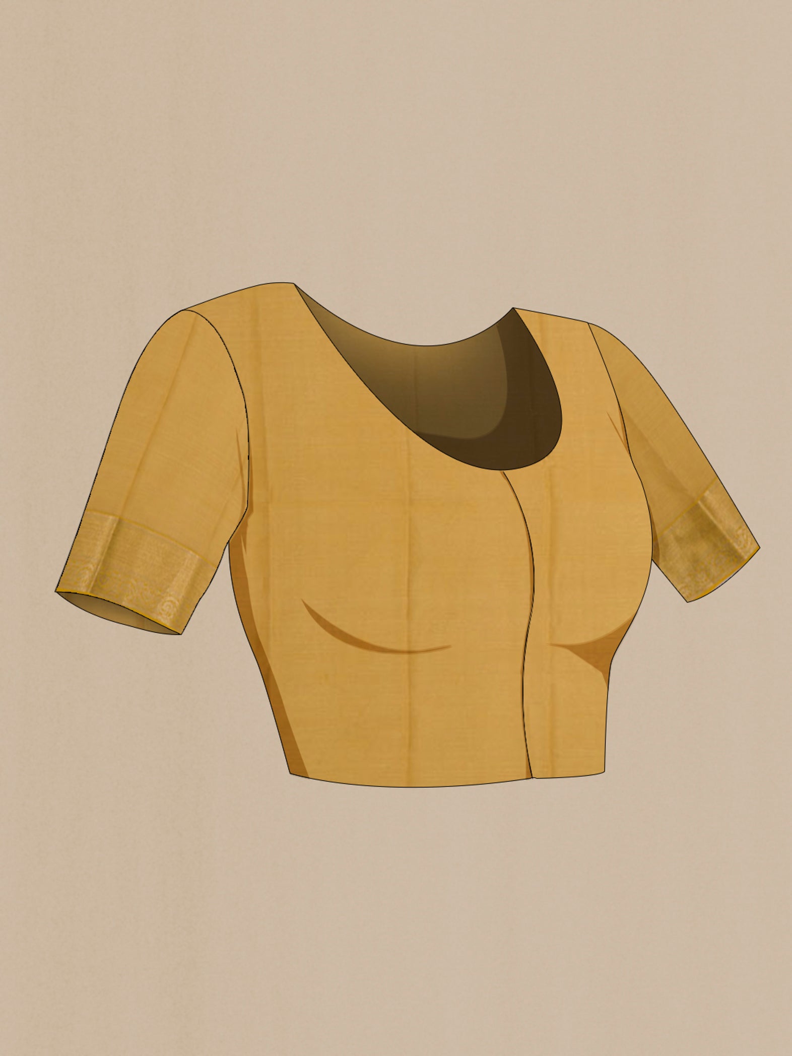 Close up image of the blouse of Golden Georgette Saree with Zari Brocade on the body and Zari Border. 