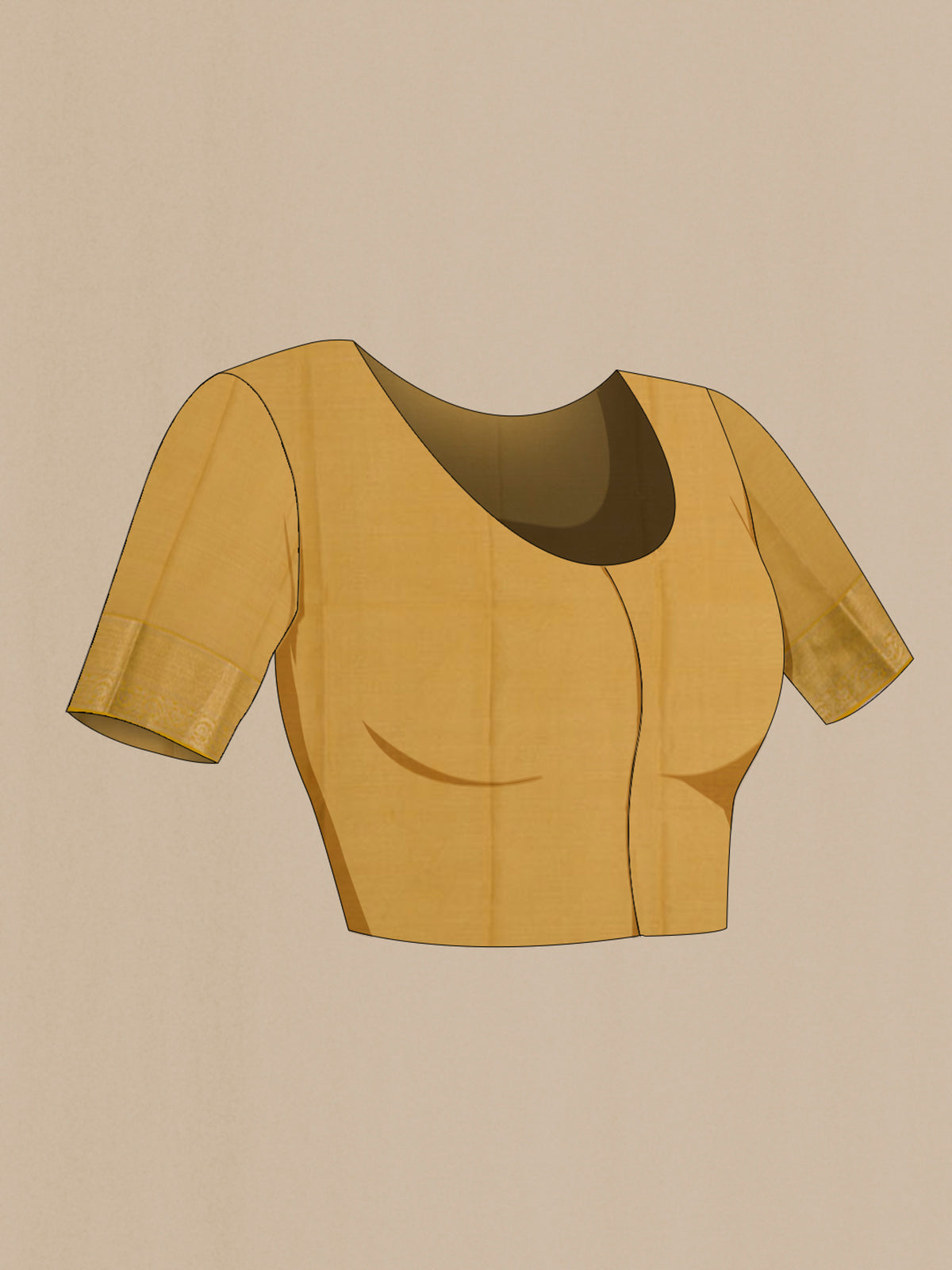 Close up image of the blouse of Golden Georgette Saree with Zari Brocade on the body and Zari Border. 