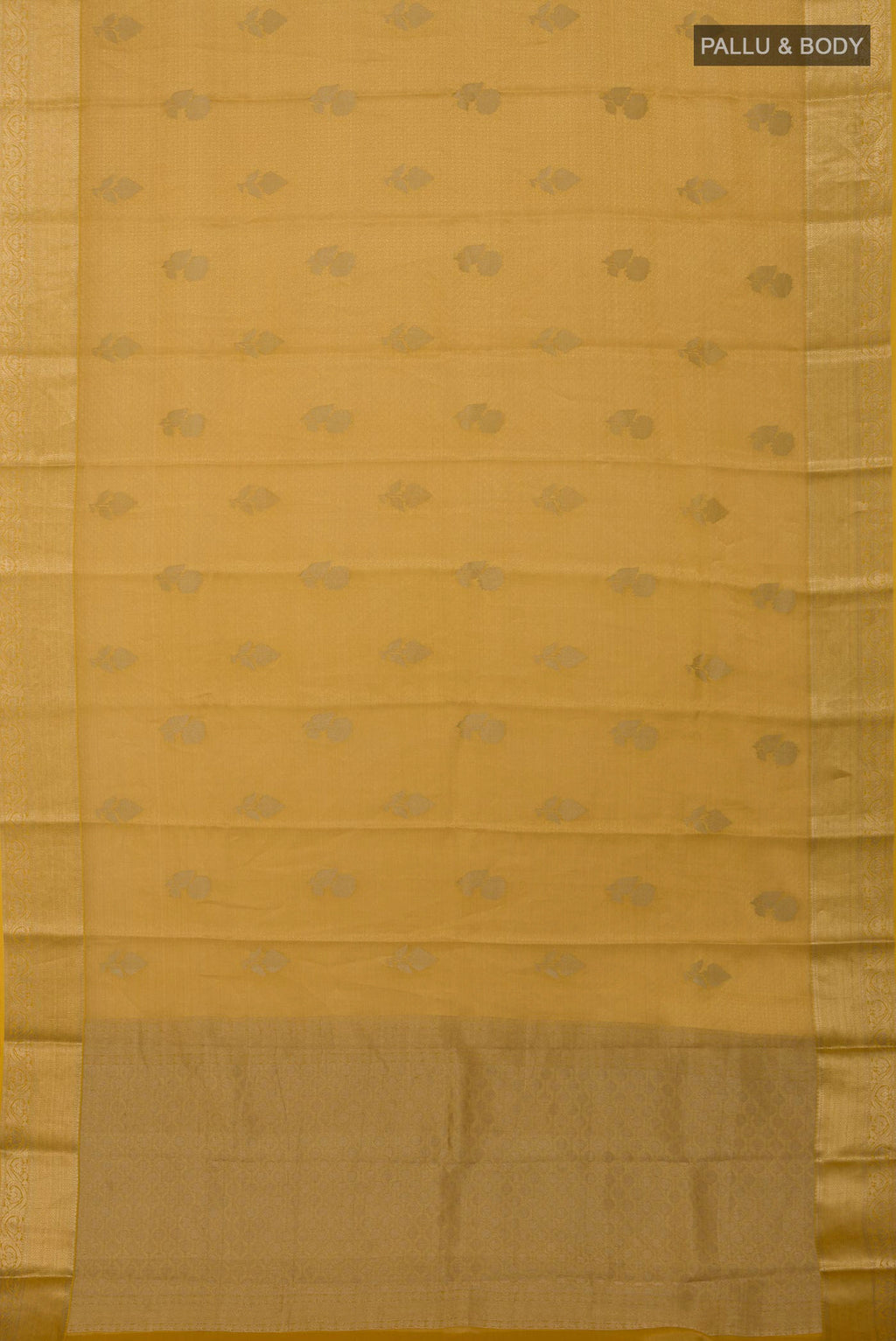 Flat view of Golden Georgette Saree with Zari Brocade on the body and Zari Border. 