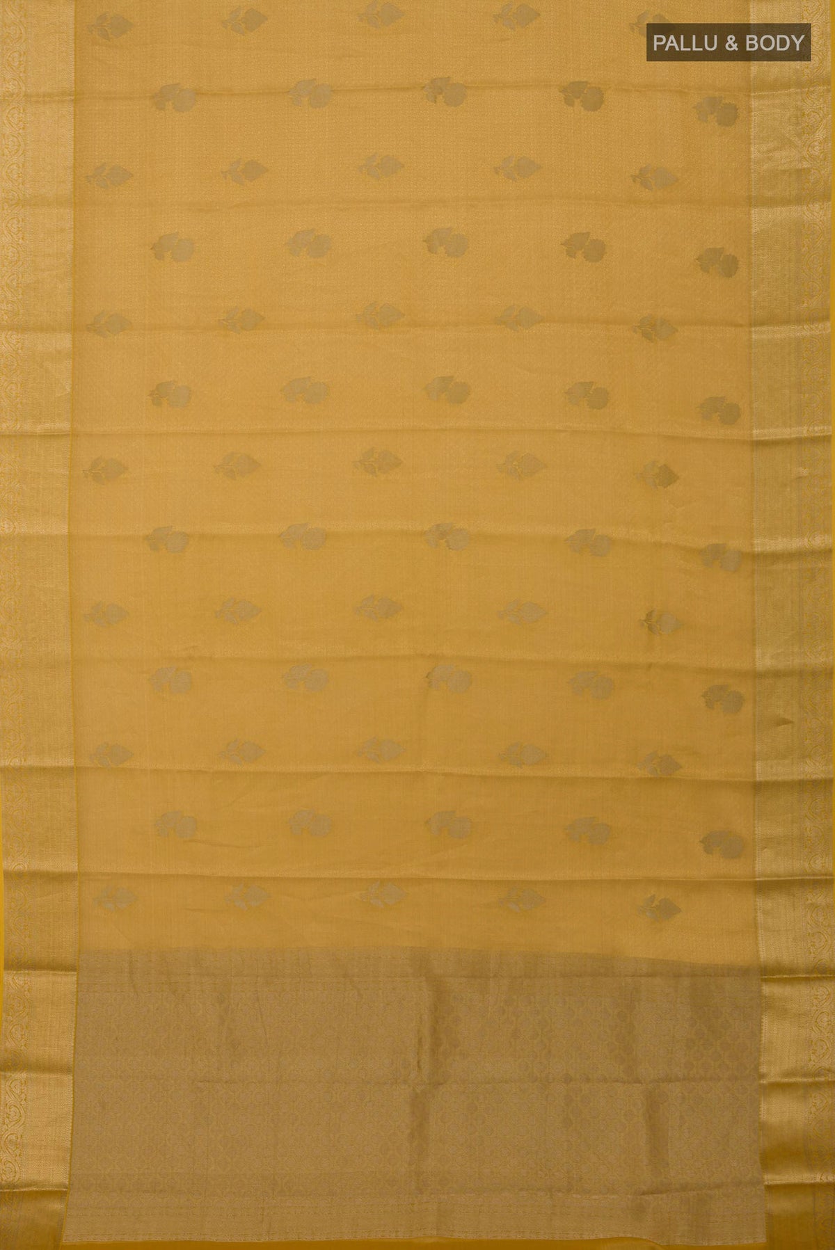 Flat view of Golden Georgette Saree with Zari Brocade on the body and Zari Border. 