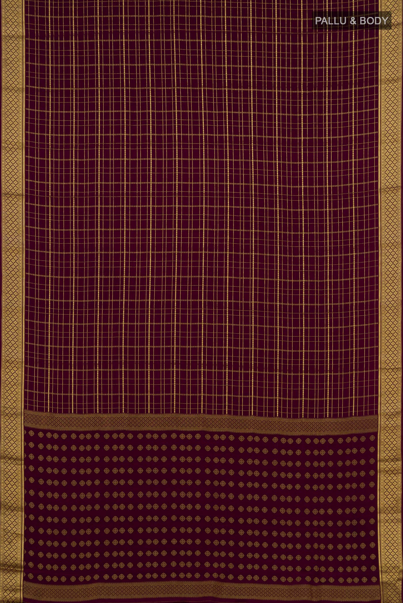 Flat view of Purple Mysore Crepe Saree with Checked design on the body and Zari Border. 